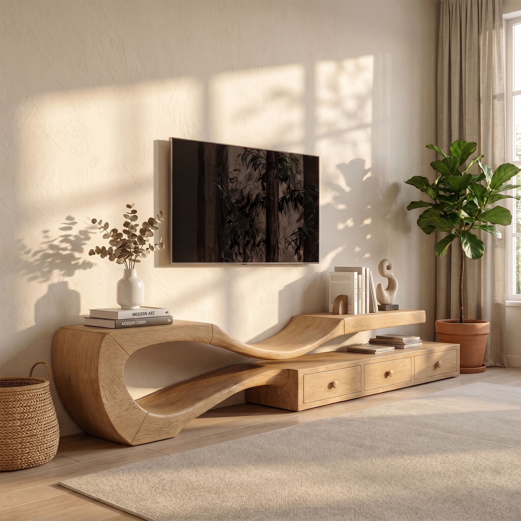 Modern TV Cabinet With Sculptural Curved Wood Base And Built In Storage Drawers For Living Room SINLKITC031