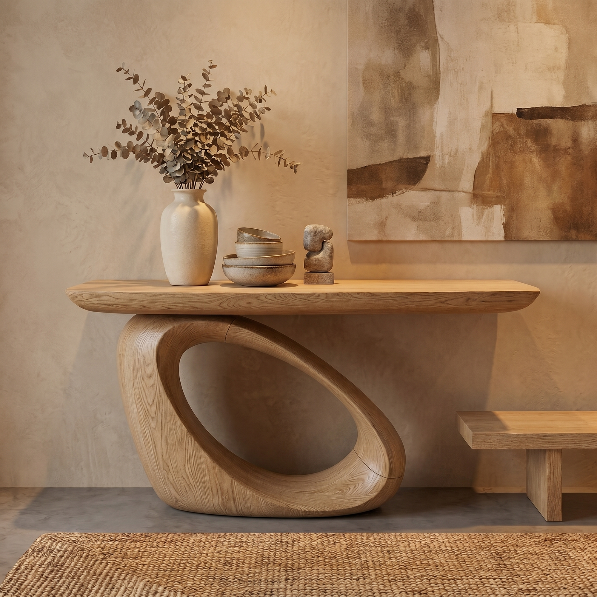 Modern Organic Console Table With Sculptural Loop Pedestal Wood Base For Entryway And Living Room SINLKICS595