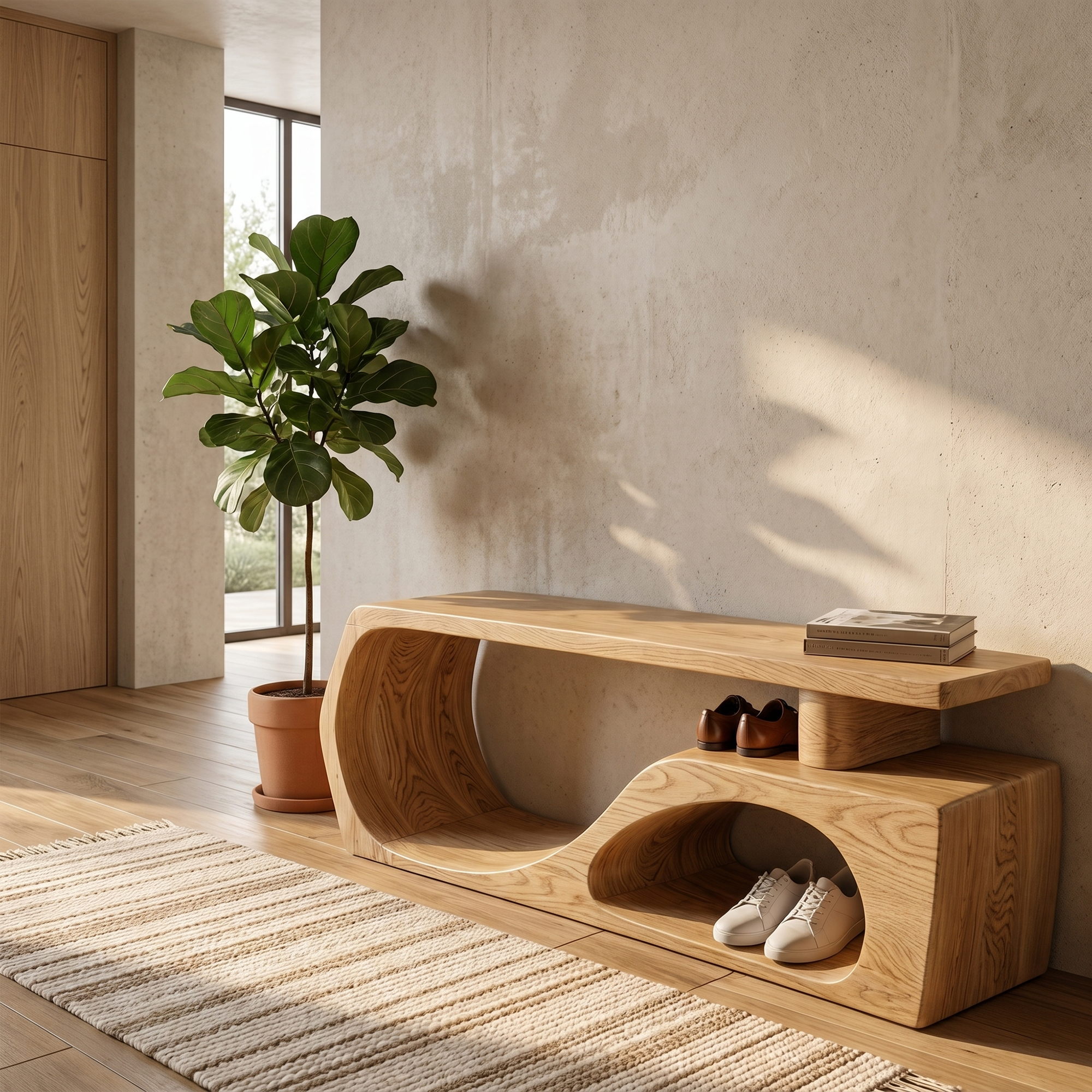 Contemporary Bench With Curved Open Shoe Storage For Entryway And Living Room SINLKIRS119