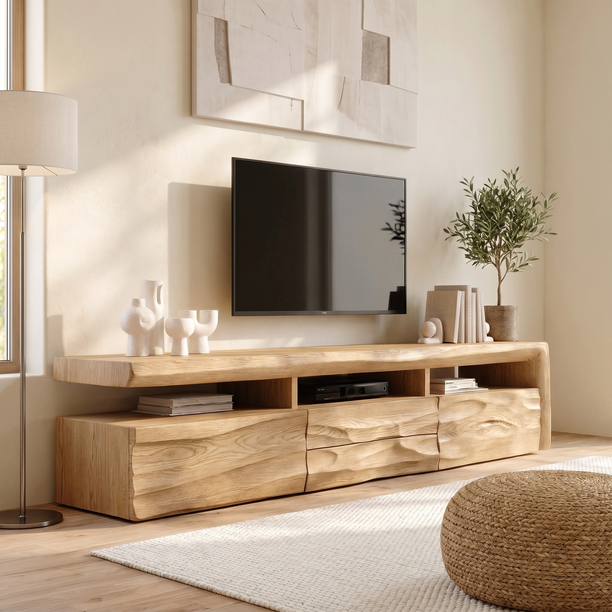Organic TV Cabinet With Hand Carved Solid Wood Front And Open Media Storage For Living Room SINLKITC048