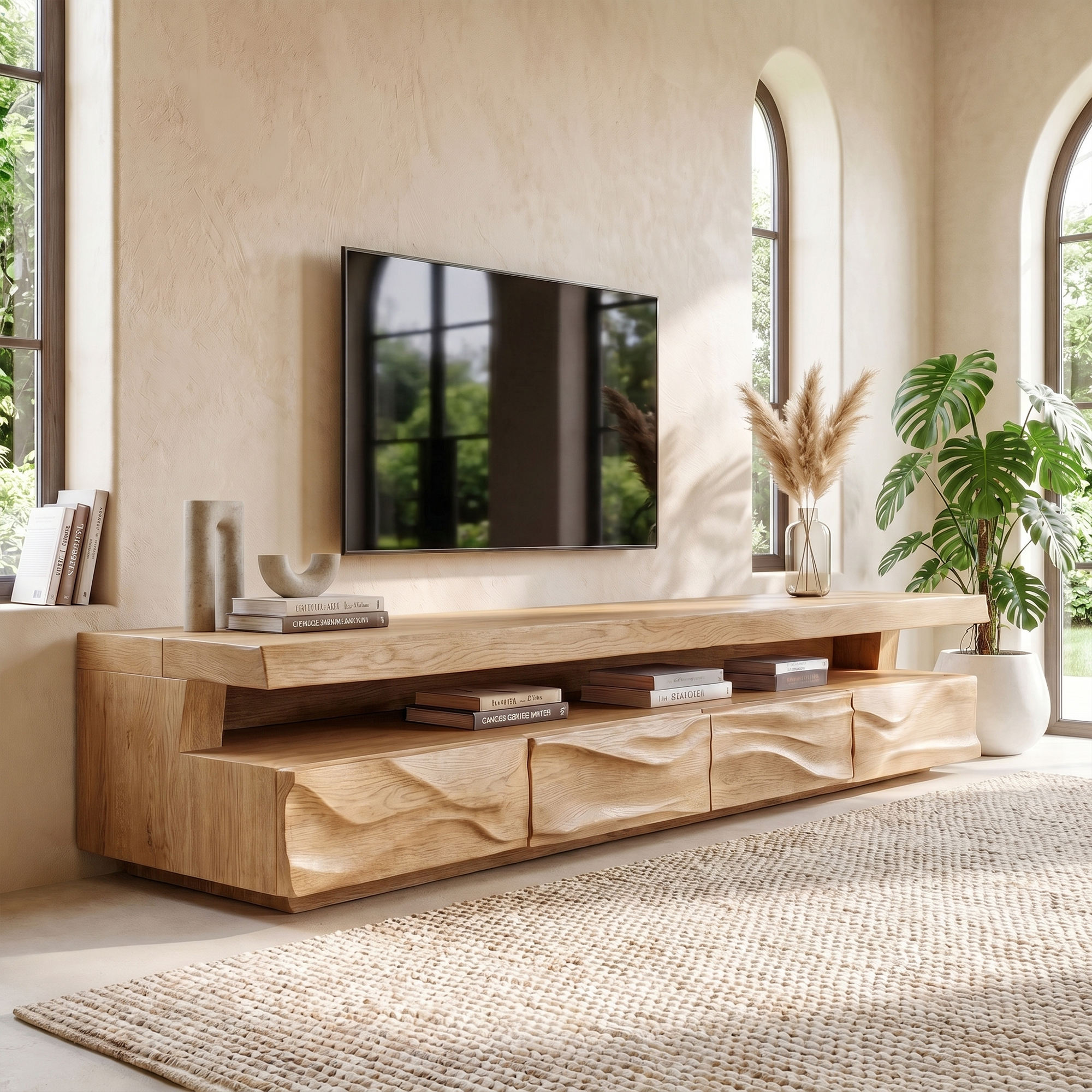 Modern TV Stand With Hand Carved Solid Wood Front And Media Storage For Living Room SINLKITC049