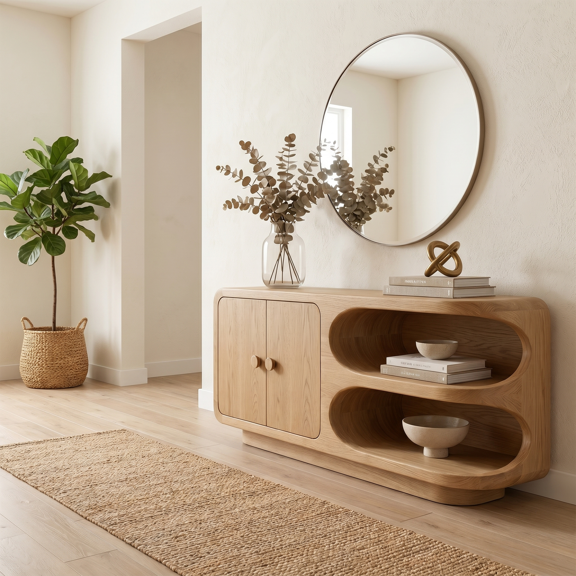 Organic Sideboard With Rounded Solid Wood Frame And Open Display Shelves For Living Room SINLKISC526