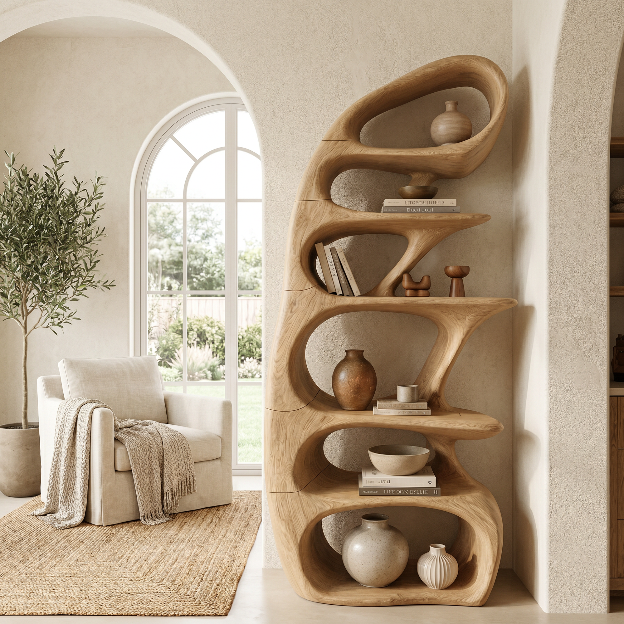 Sculptural Bookshelf With Tree Inspired Curved Shelves And Solid Wood Frame For Living Room SINLKIBS033