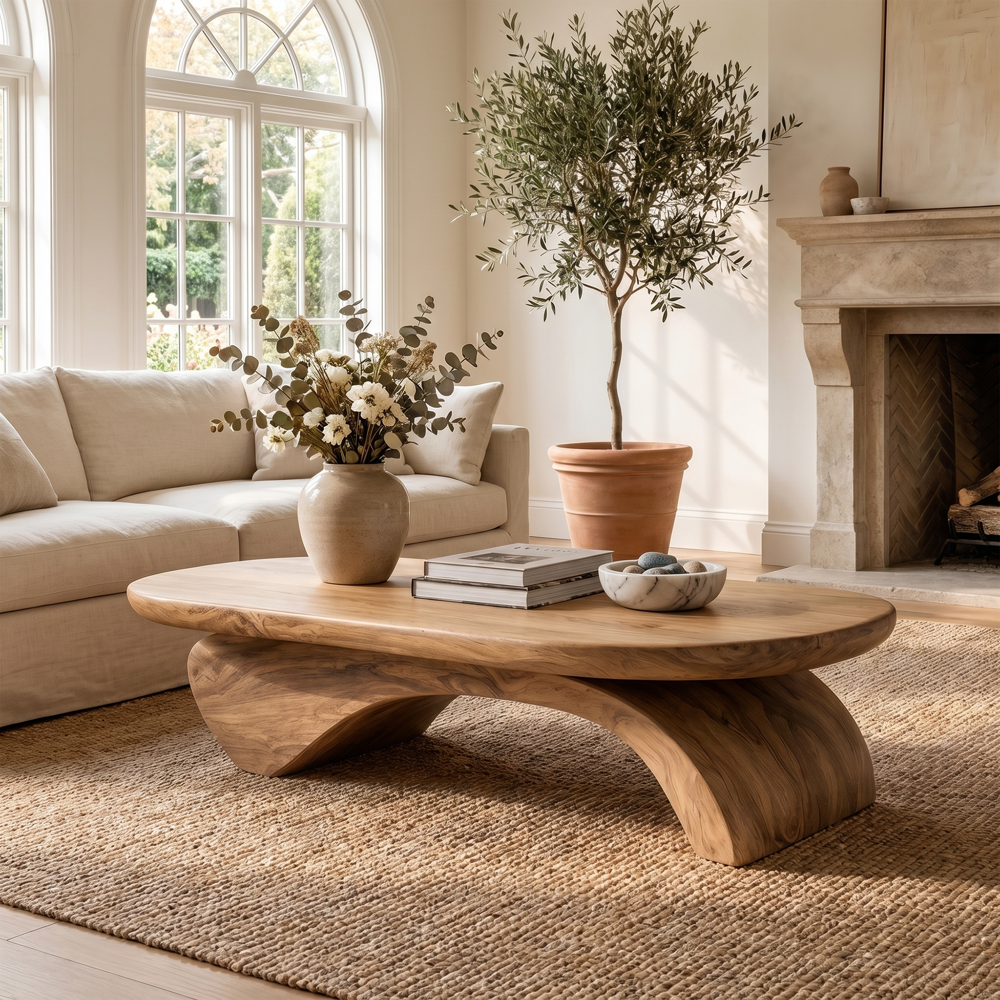 Rustic Live Edge Coffee Table With Artistic Curved Wood Pedestal For Living Room SINLKICF374