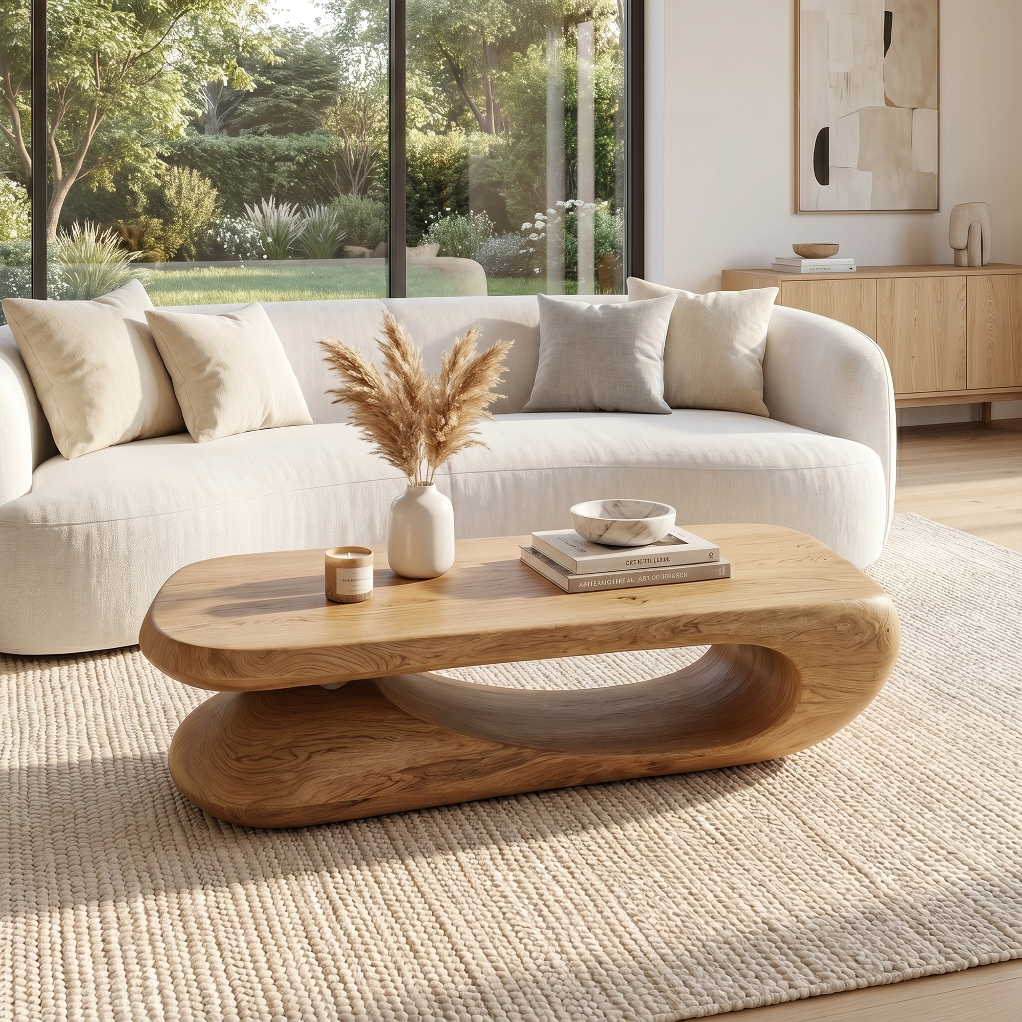 Organic Coffee Table With Flowing Monolithic Wood Form For Living Room SINLKICF375