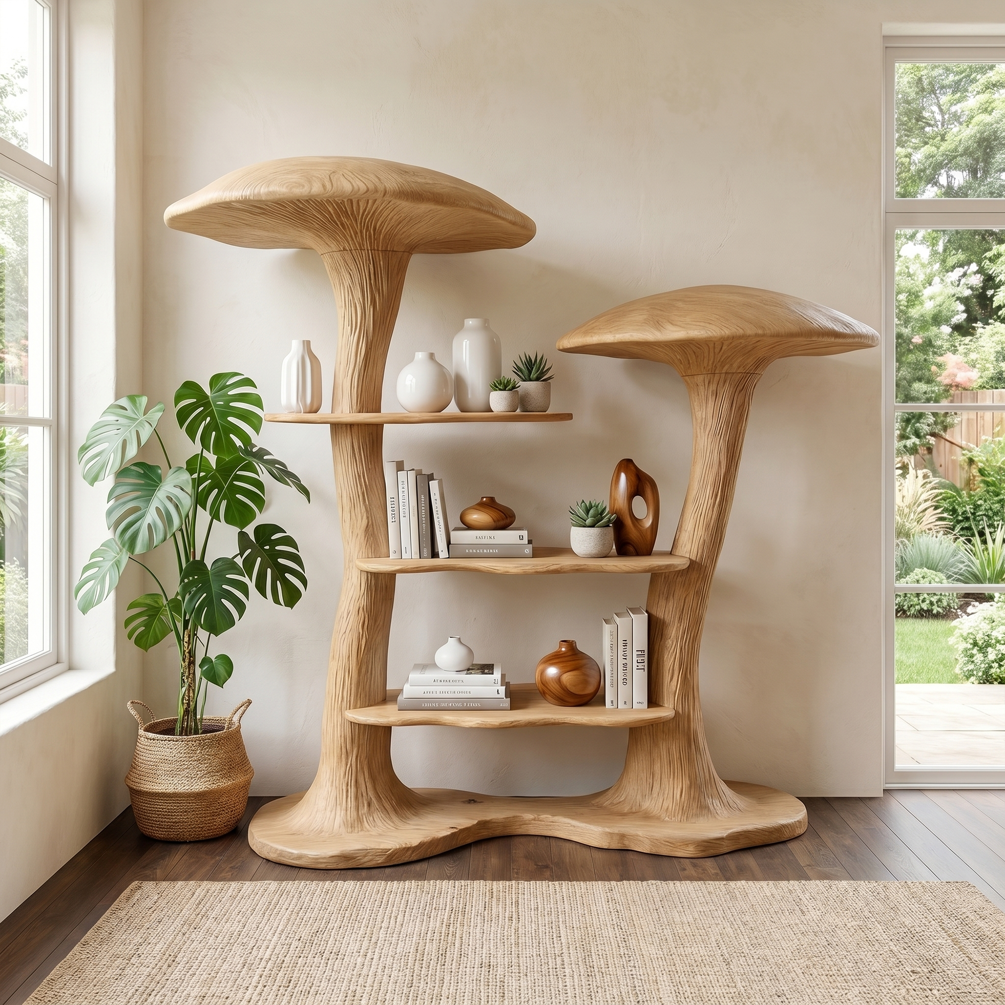 Organic Modern Mushroom Bookcase With Sculptural Solid Wood Form For Living Room SINLKITB742