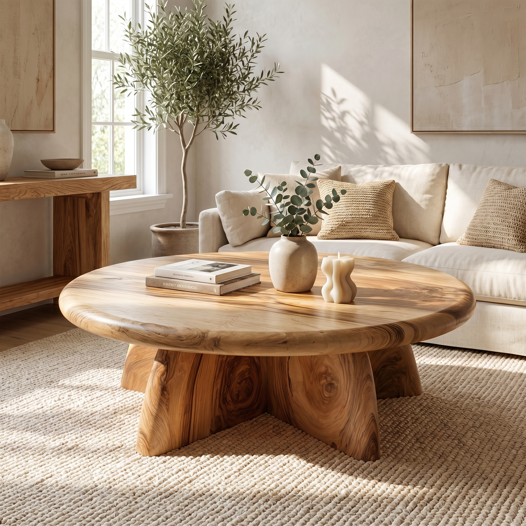 Rustic Coffee Table With Solid Wood Stump Base For Living Room SINLKICF377