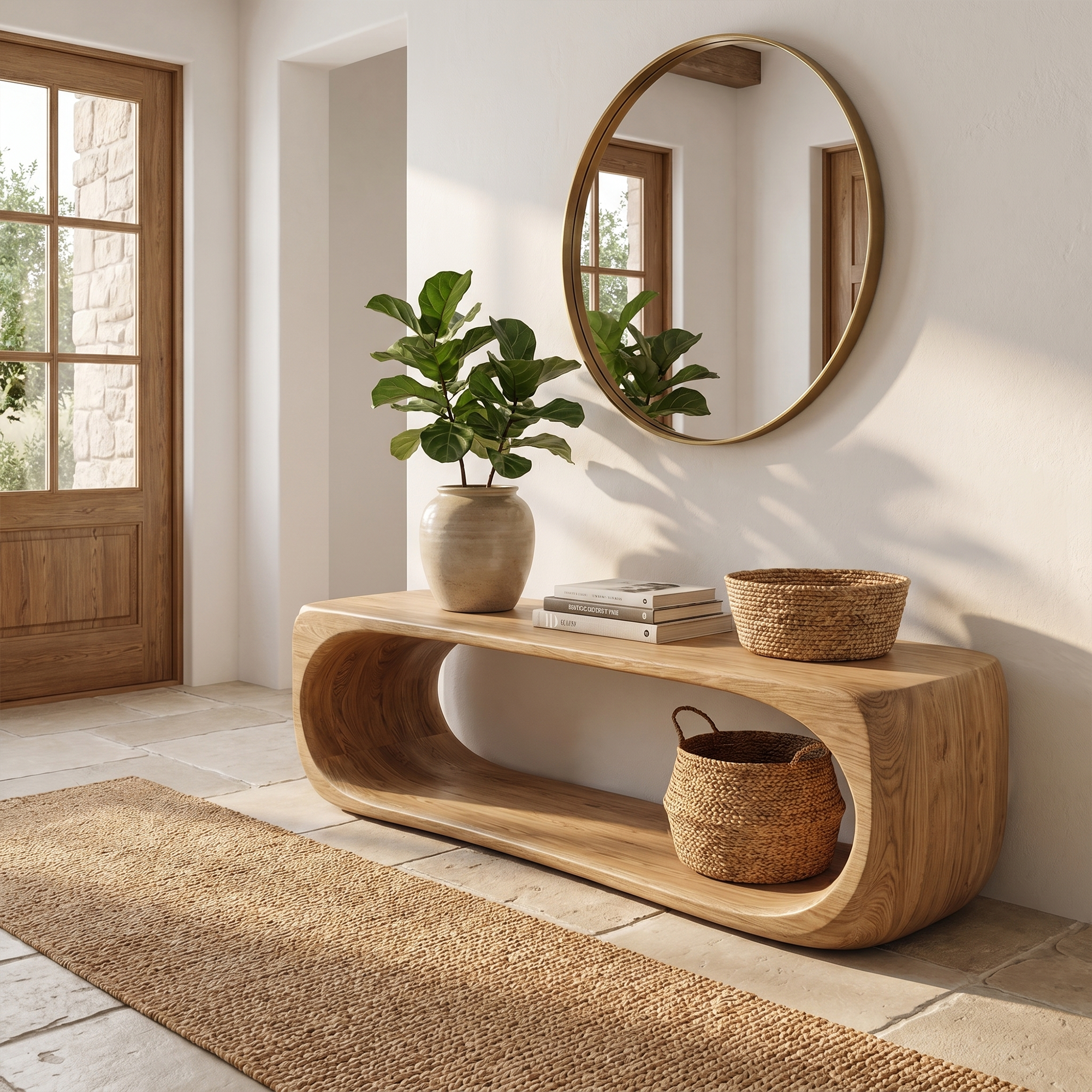 Organic Bench With Sculptural Curved Base And Open Storage Shelf For Entryway SINLKIRS114