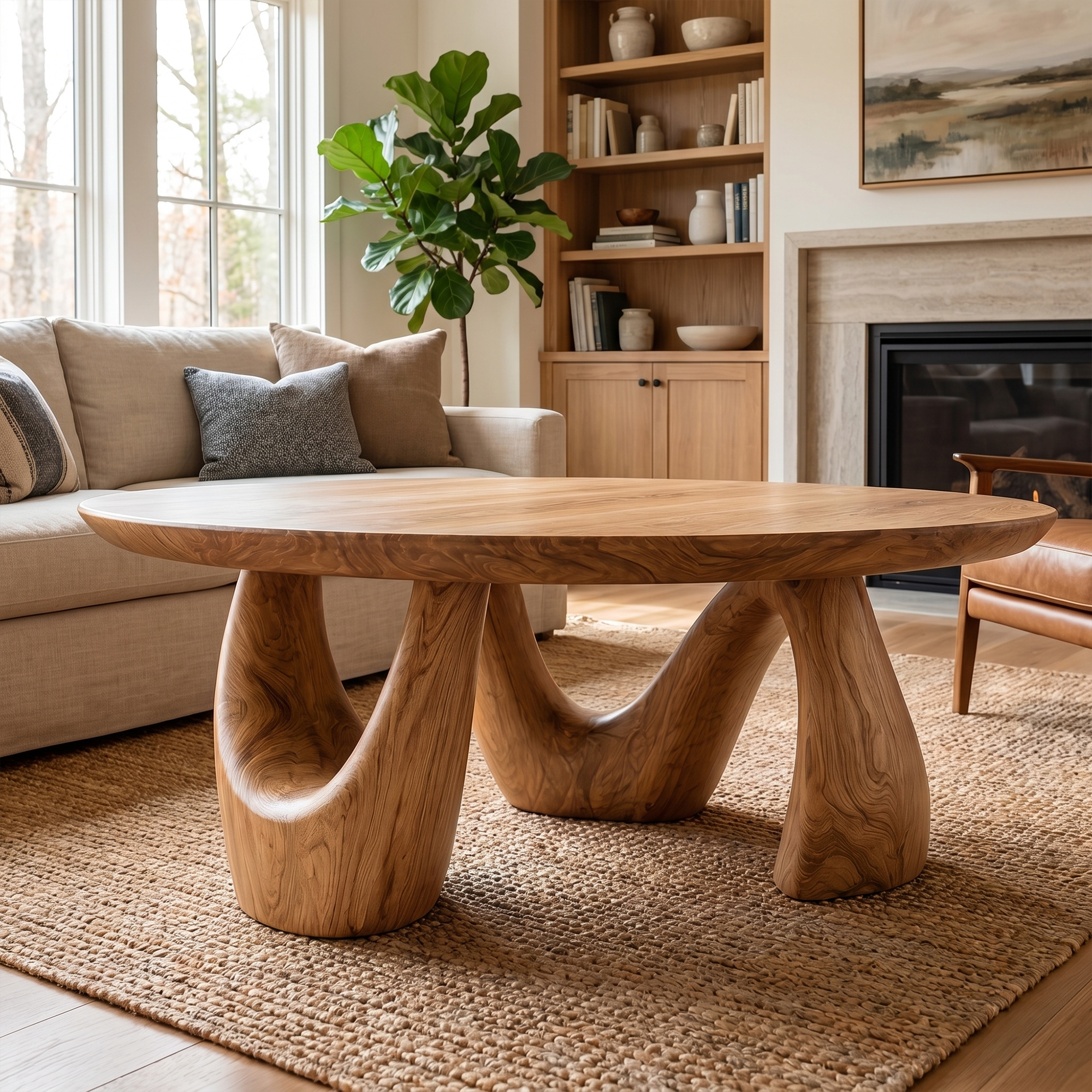 Organic Coffee Table With Freeform Live Edge Top And Sculptural Loop Wood Base For Living Room SINLKICF378