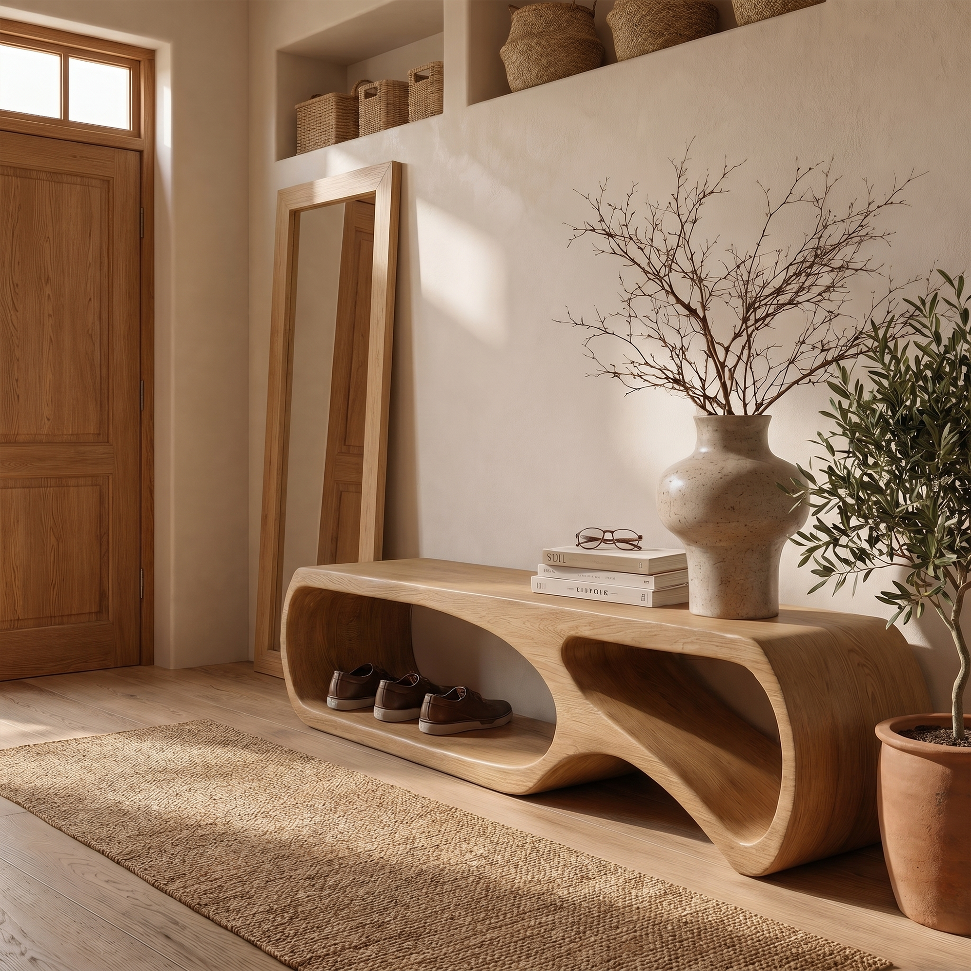 Sculptural Bench With Curved Open Storage Base For Entryway SINLKIRS115