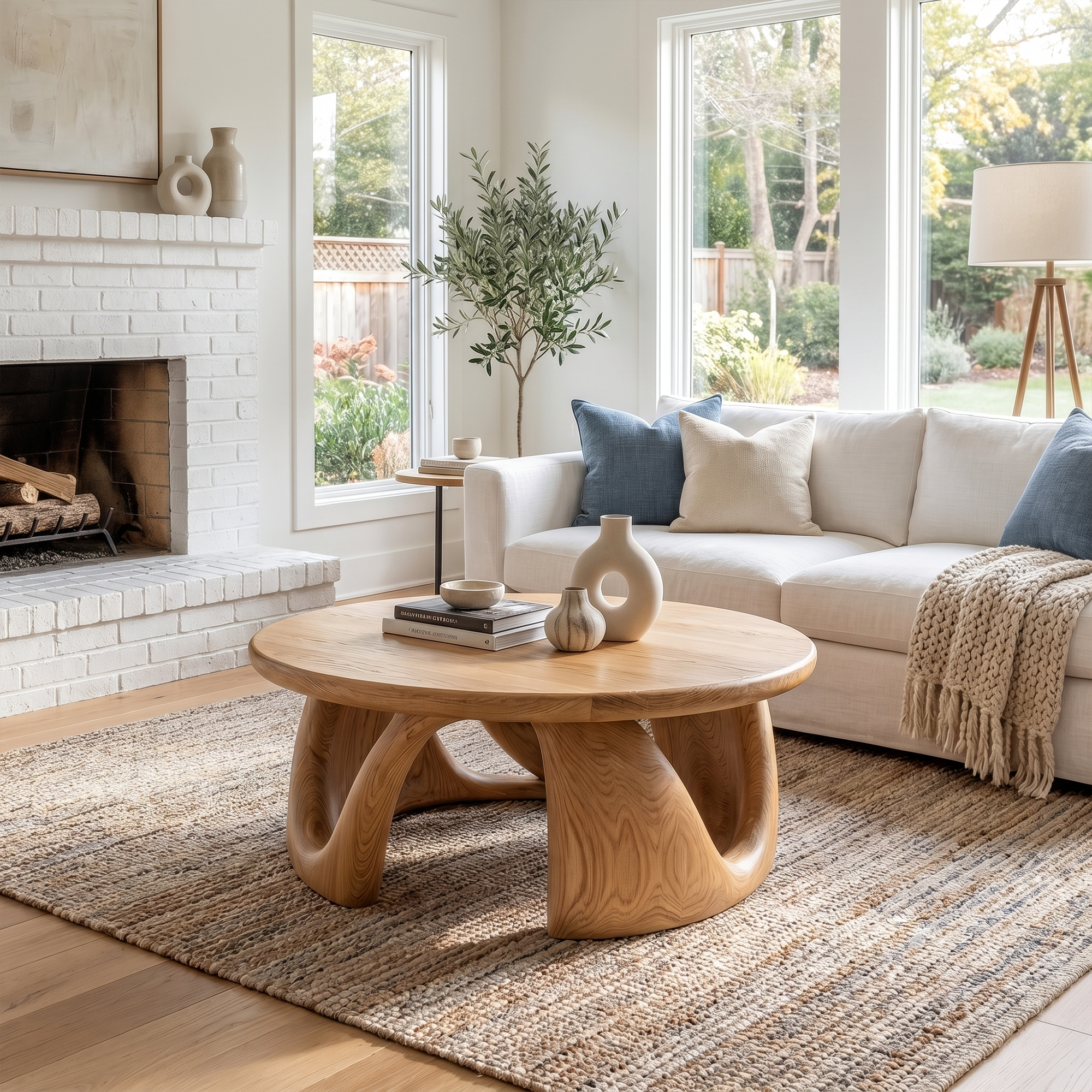 Organic Modern Coffee Table With Round Wood Top And Artistic Curved Base For Living Room SINLKICF379