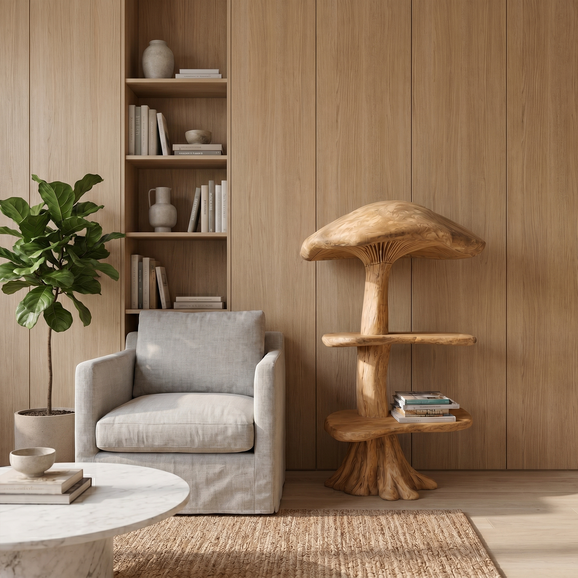 Organic Mushroom Display Bookshelf With Solid Wood Shelving For Living Room SINLKITB746