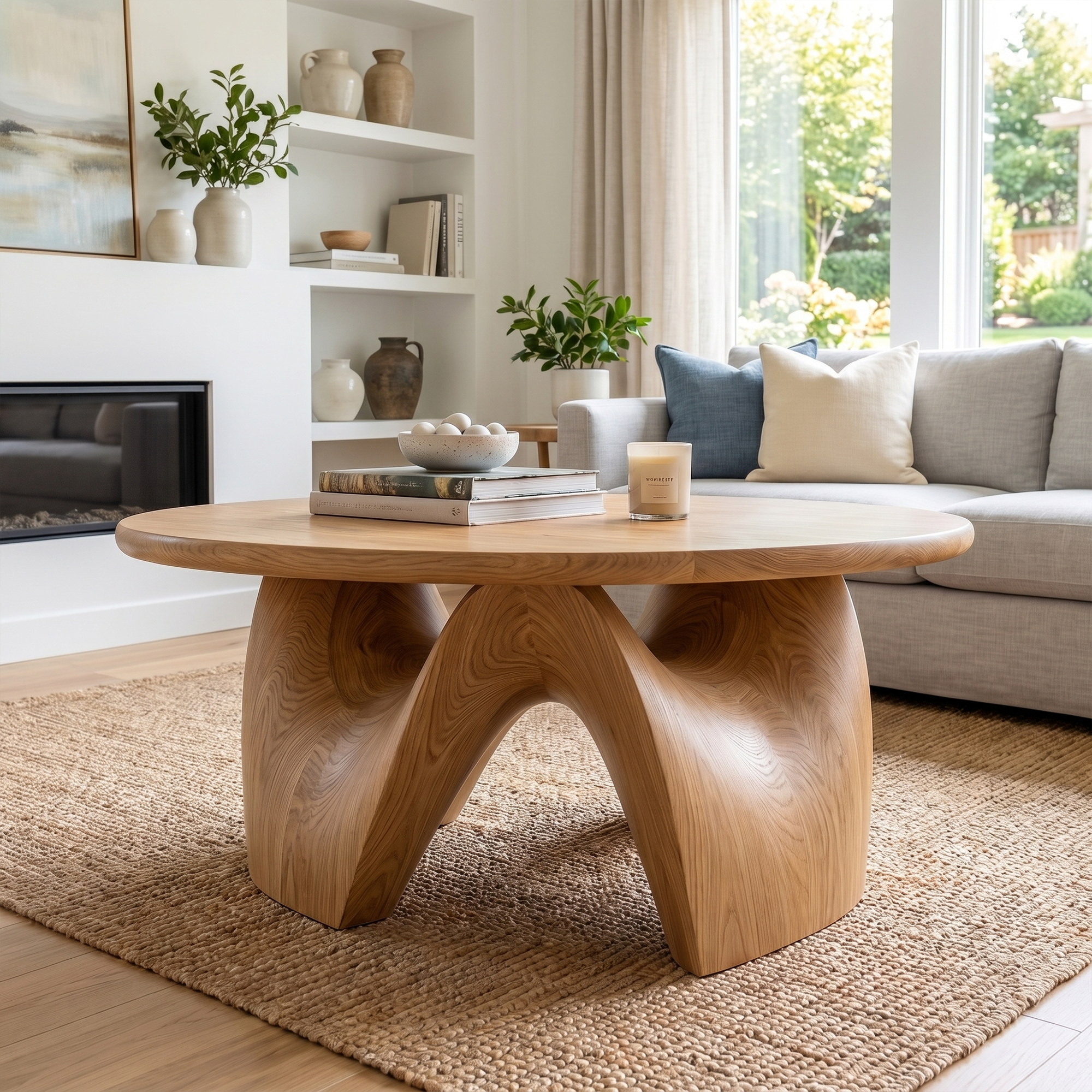 Rustic Coffee Table With Sculptural Solid Wood Base And Round Live Edge Top For Living Room SINLKICF381