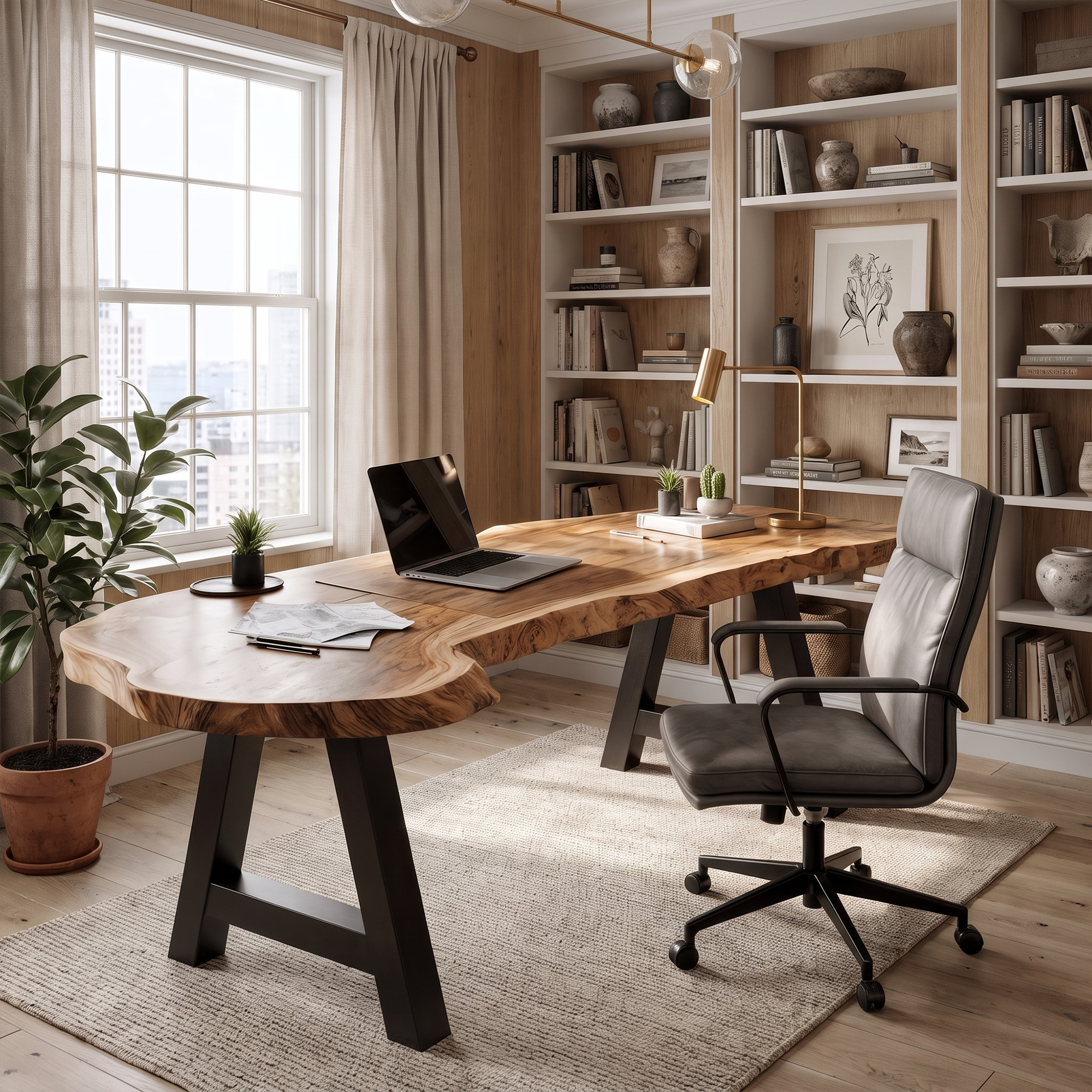 Rustic Writing Desk With Live Edge Wood Top And Metal Legs For Home Office SINLKIDK158