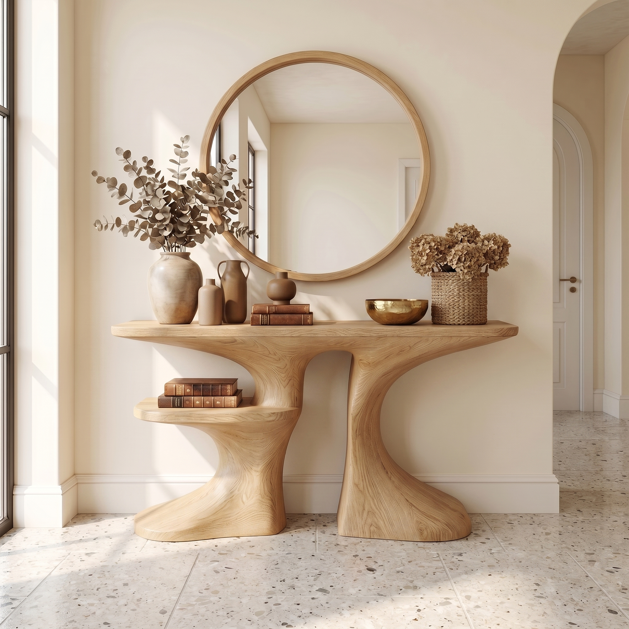Organic Console Table With Live Edge Countertop And Sculptural Solid Wood Base For Entryway SINLKICS604