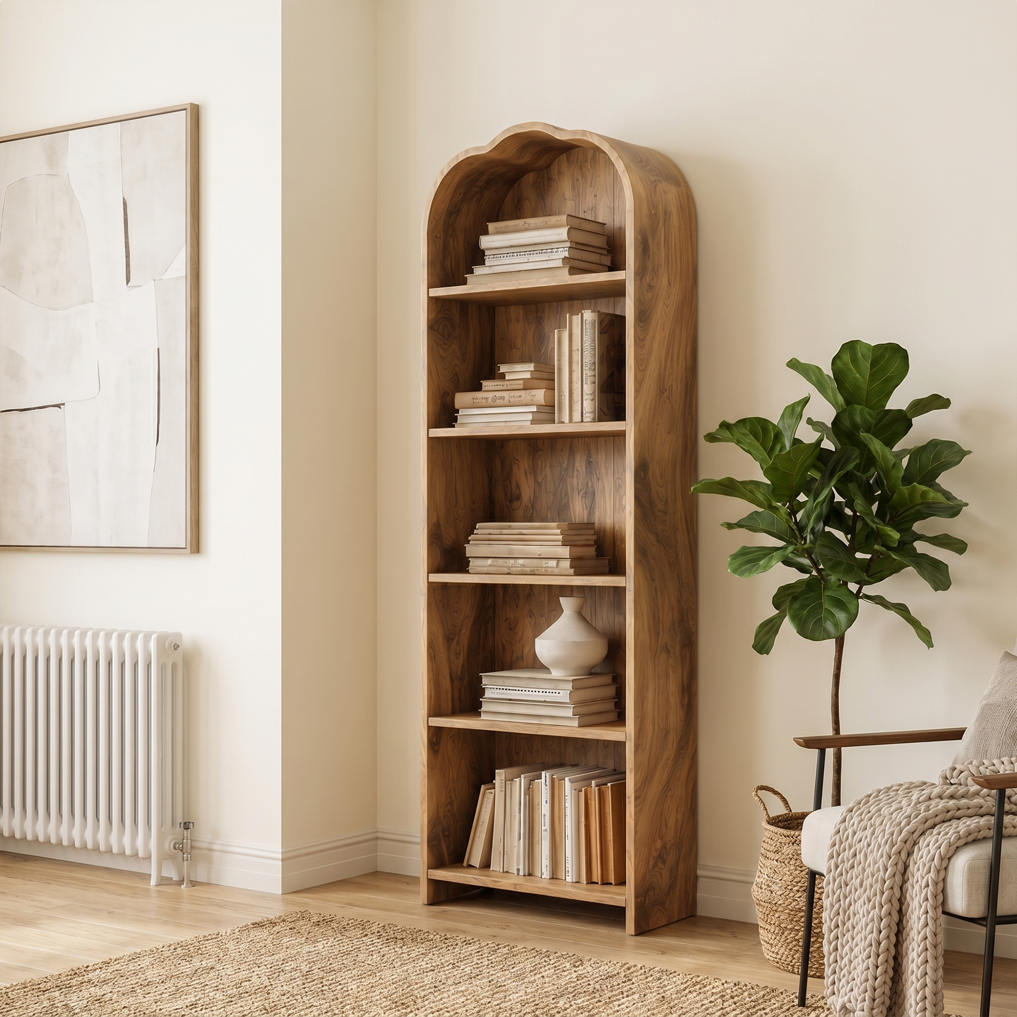 Rustic Arched Bookshelf With Solid Wood Frame And Open Display Shelves For Living Room SINLKIBS034