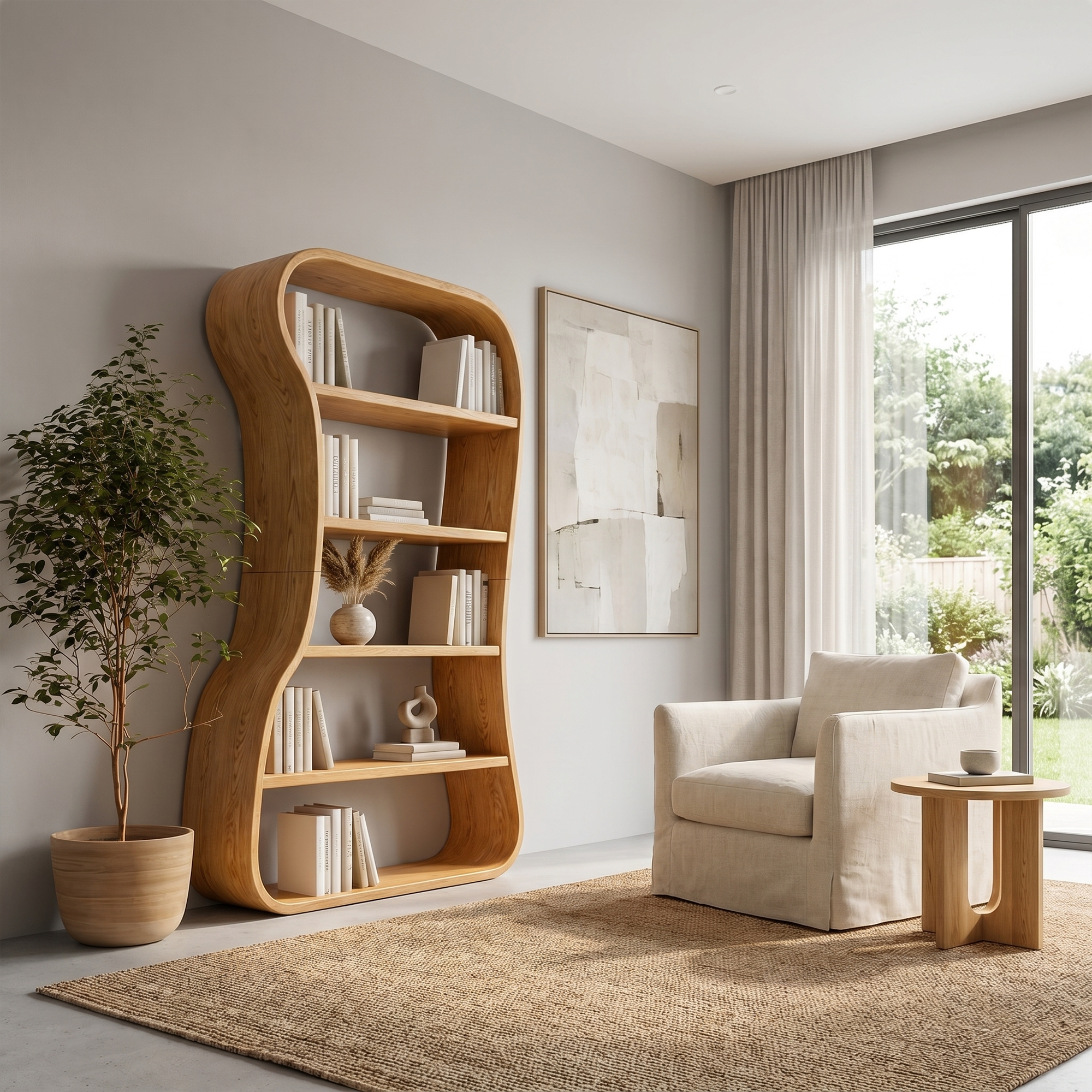 Organic Bookshelf With Sculptural Curved Solid Wood Shelves For Living Room SINLKIBS035