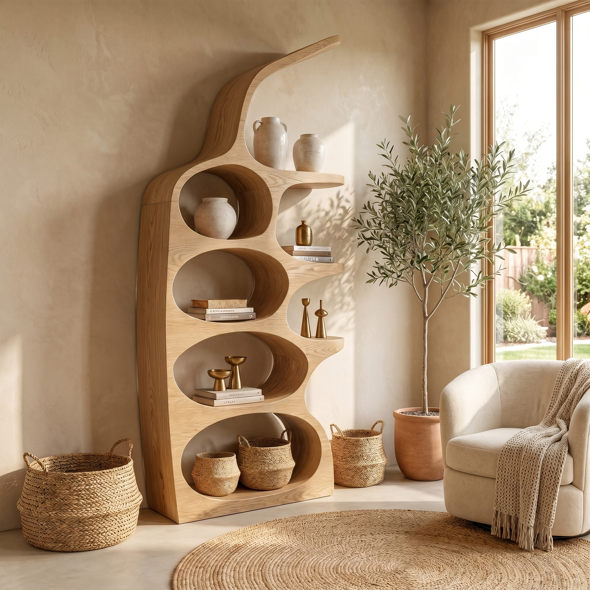 Modern Sculptural Bookshelf With Curved Open Shelves And Solid Wood Design For Living Room SINLKIBS036