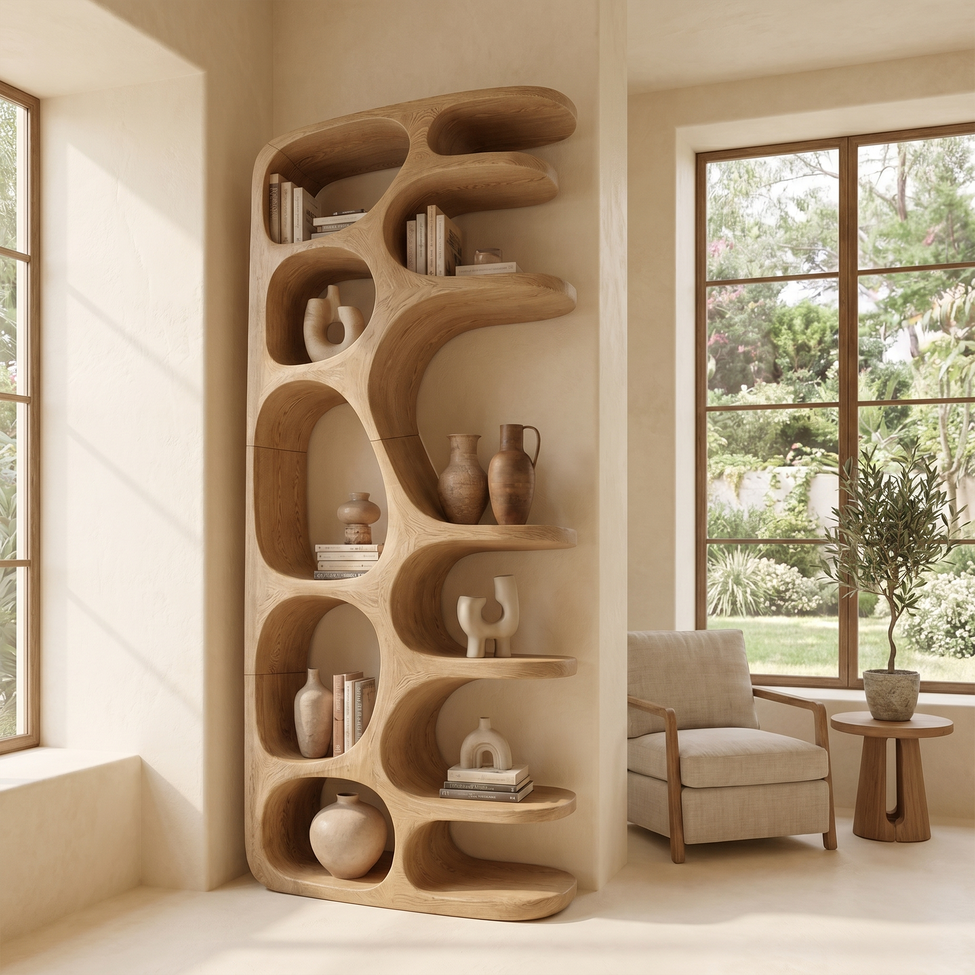 Minimalist Sculptural Bookshelf With Solid Wood Construction For Living Room SINLKIBS037