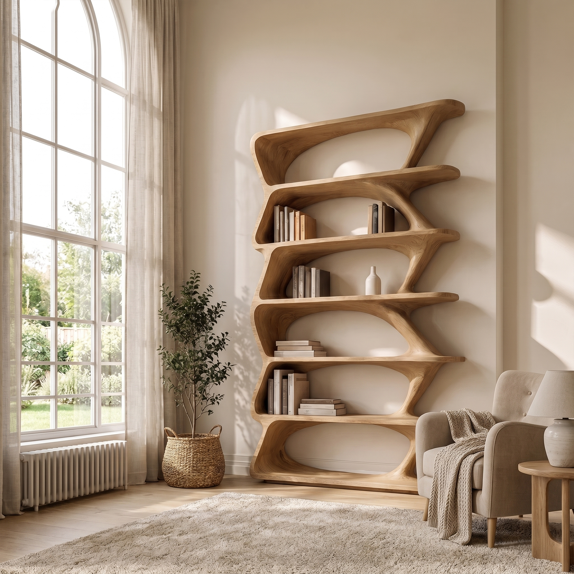 Modern Organic Bookshelf With Sculptural Asymmetrical Shelves And Solid Wood Frame For Living Room SINLKIBS038