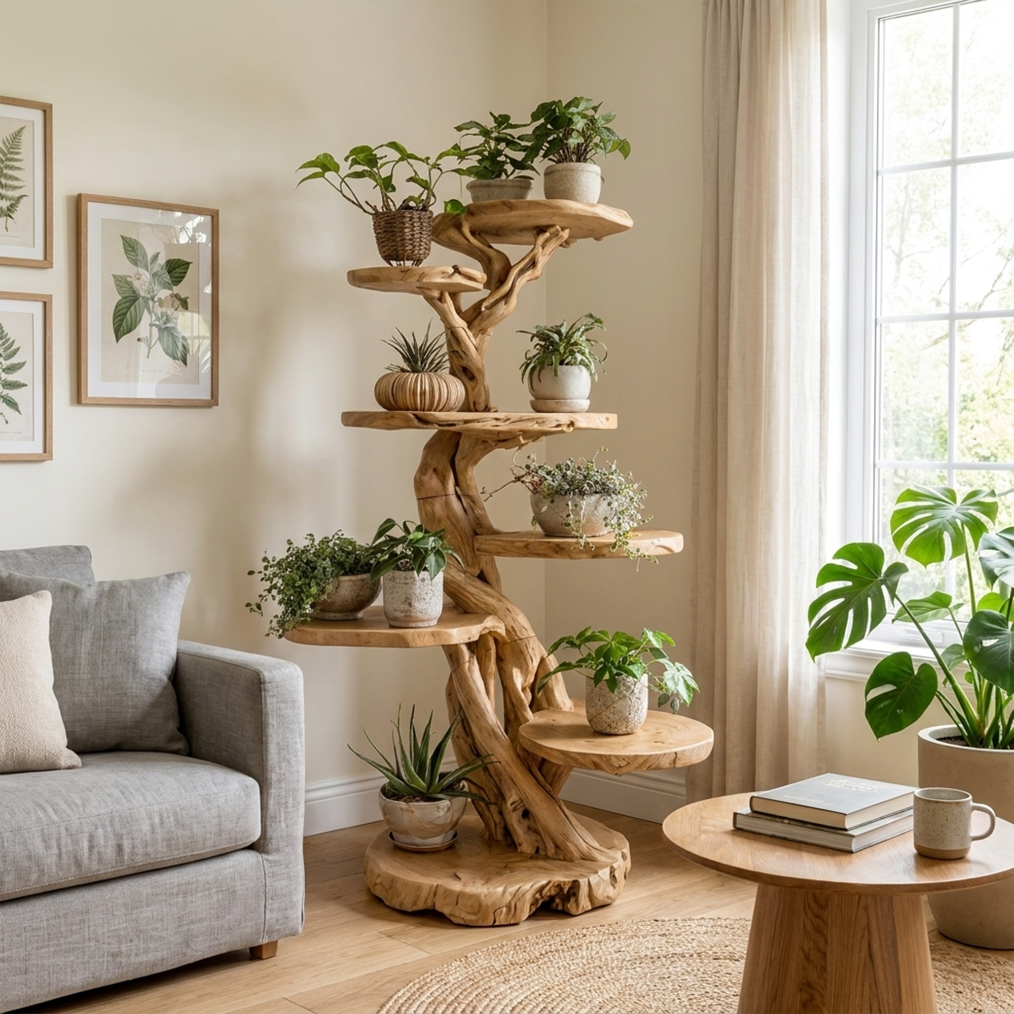 Rustic Tree Plant Shelf Natural Interior Design Home Decor SINLKITT079
