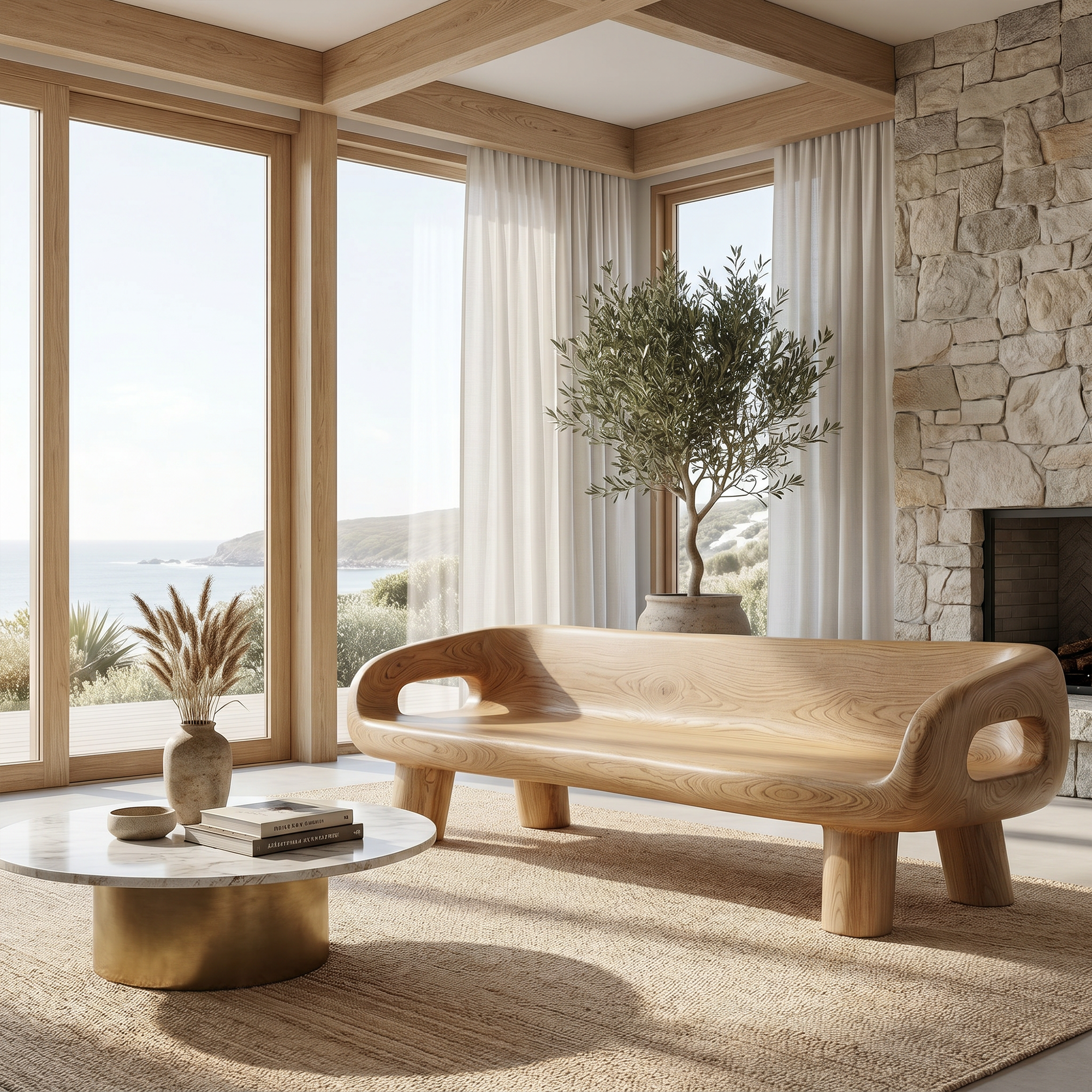 Modern Organic Sofa Frame With Curved Solid Wood Design For Living Room SINLKISF017
