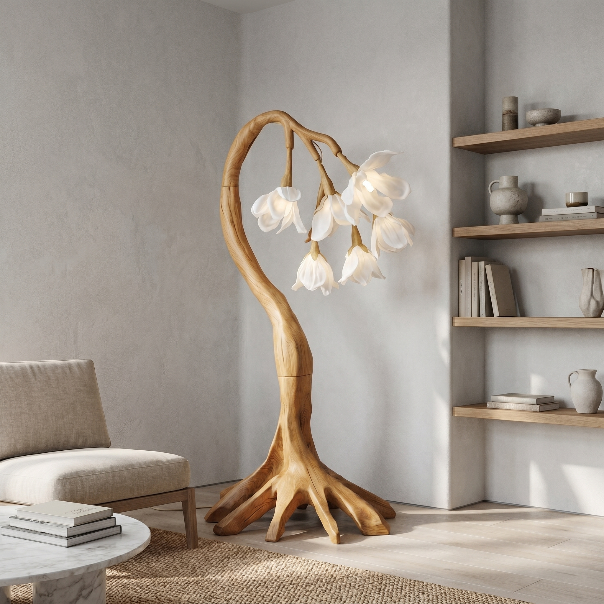 Flower Petal Floor Lamp With Solid Wood Base For Living Room And Bedroom SINLSAFLP073