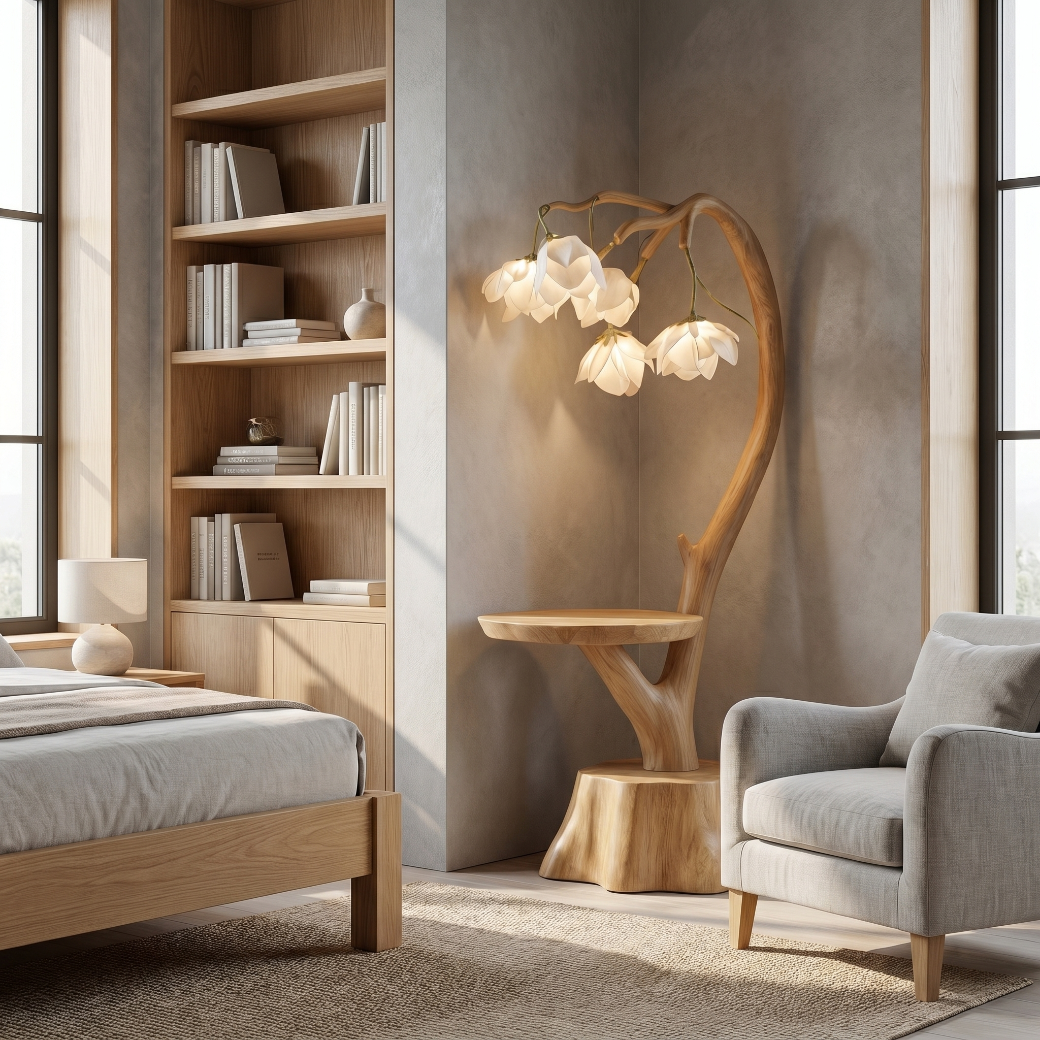 Sculptural Flower Floor Lamp With Handmade Wood Base For Living Room And Bedroom SINLSAFLP075