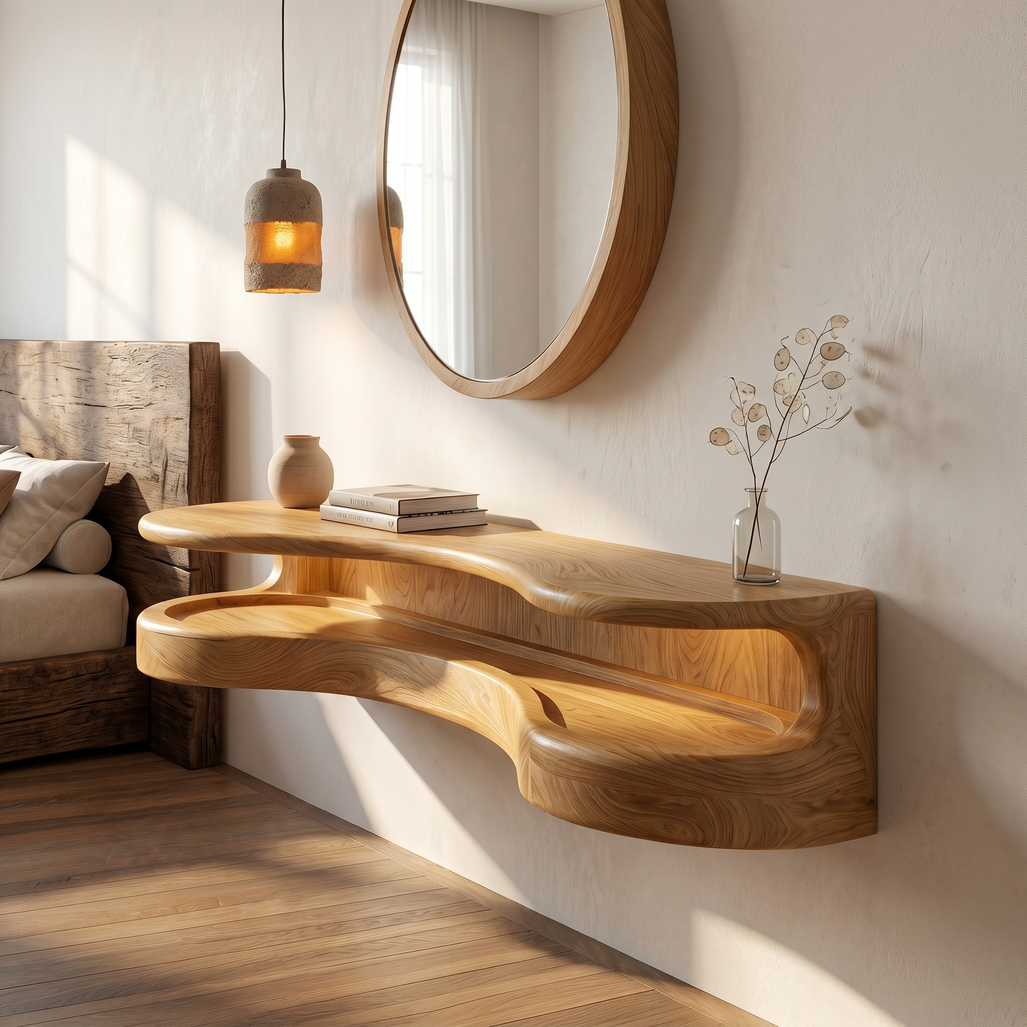 Organic Floating Vanity Desk With Rounded Wood Shelf For Bedroom SINLSABDT071