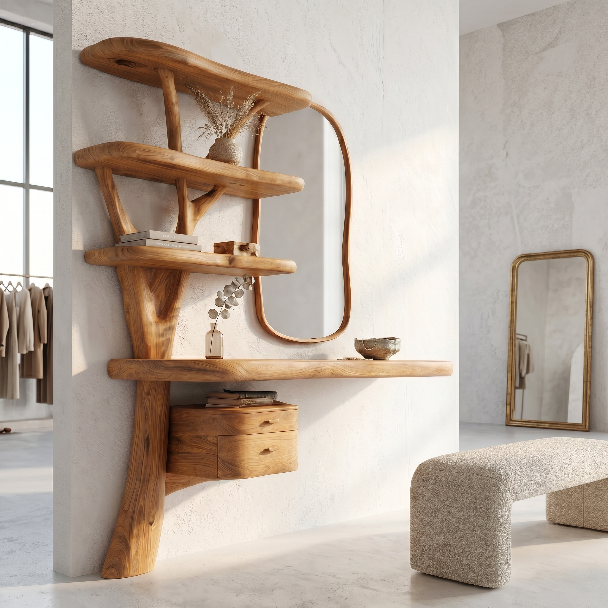 Sculptural Tree Vanity Desk With Curved Wood Shelves For Bedroom SINLSABDT075