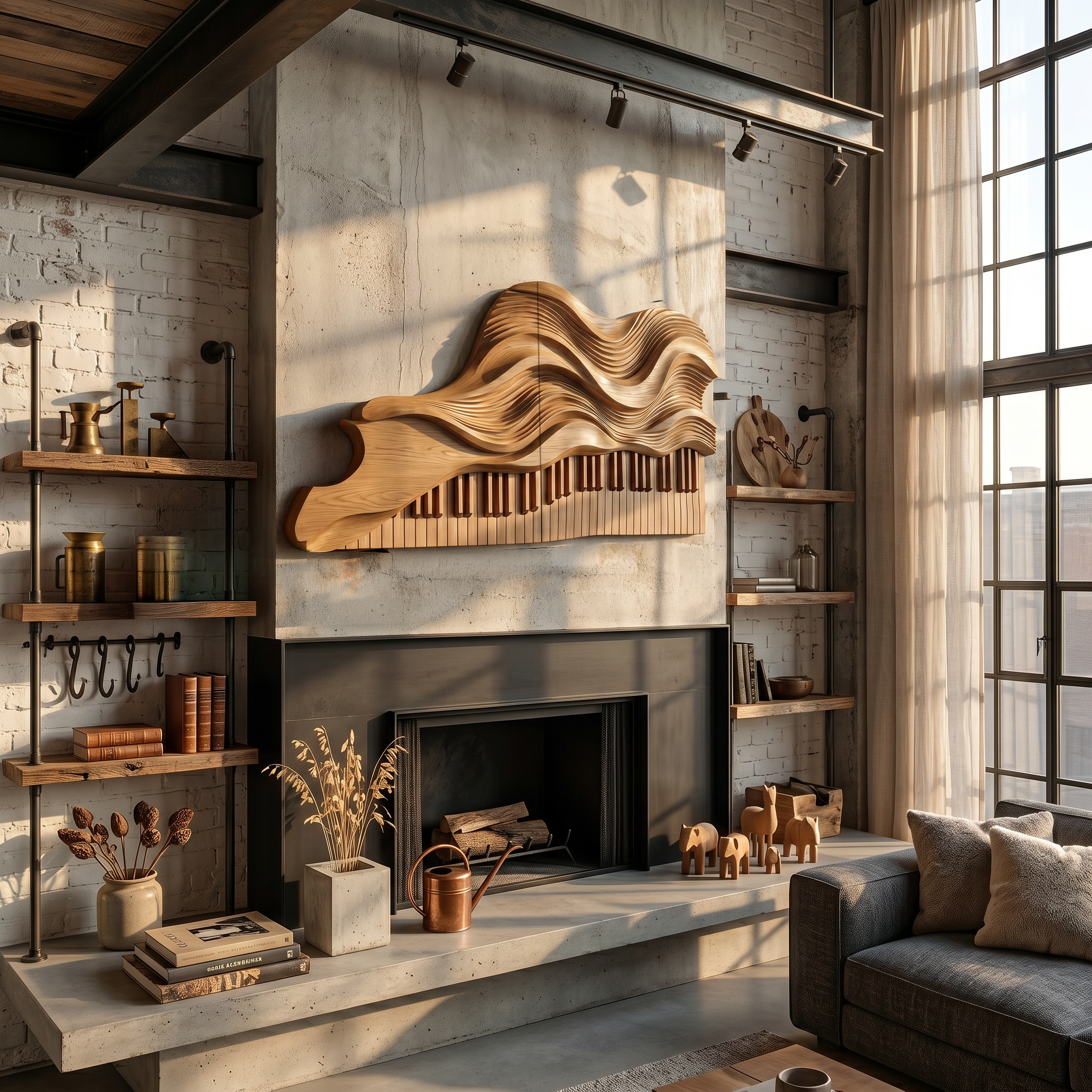Abstract Piano Wave Wooden Wall Sculpture For Living Room SINLSAWD084