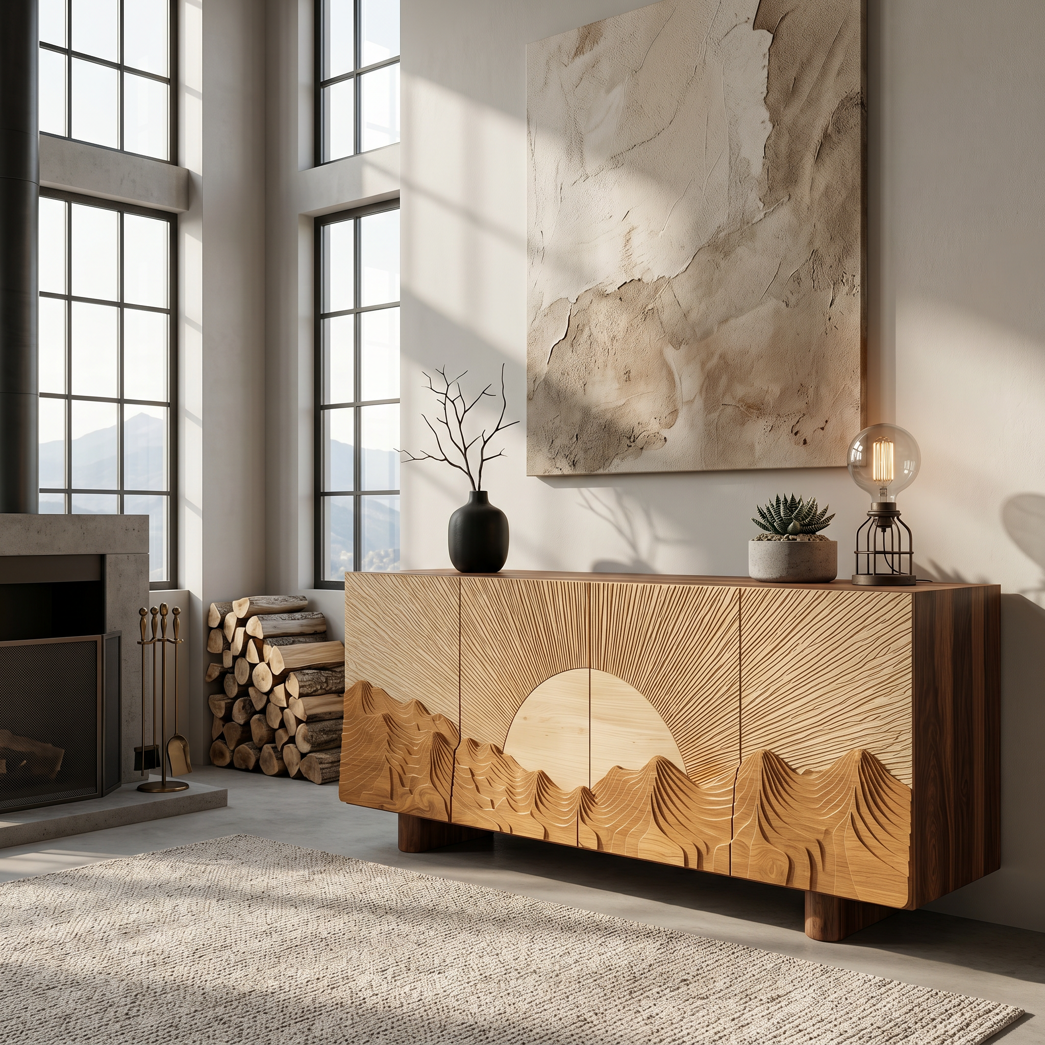 Rustic Mountain Sunrise Sideboard With Carved Wood Doors For Living Room SINLSASC515