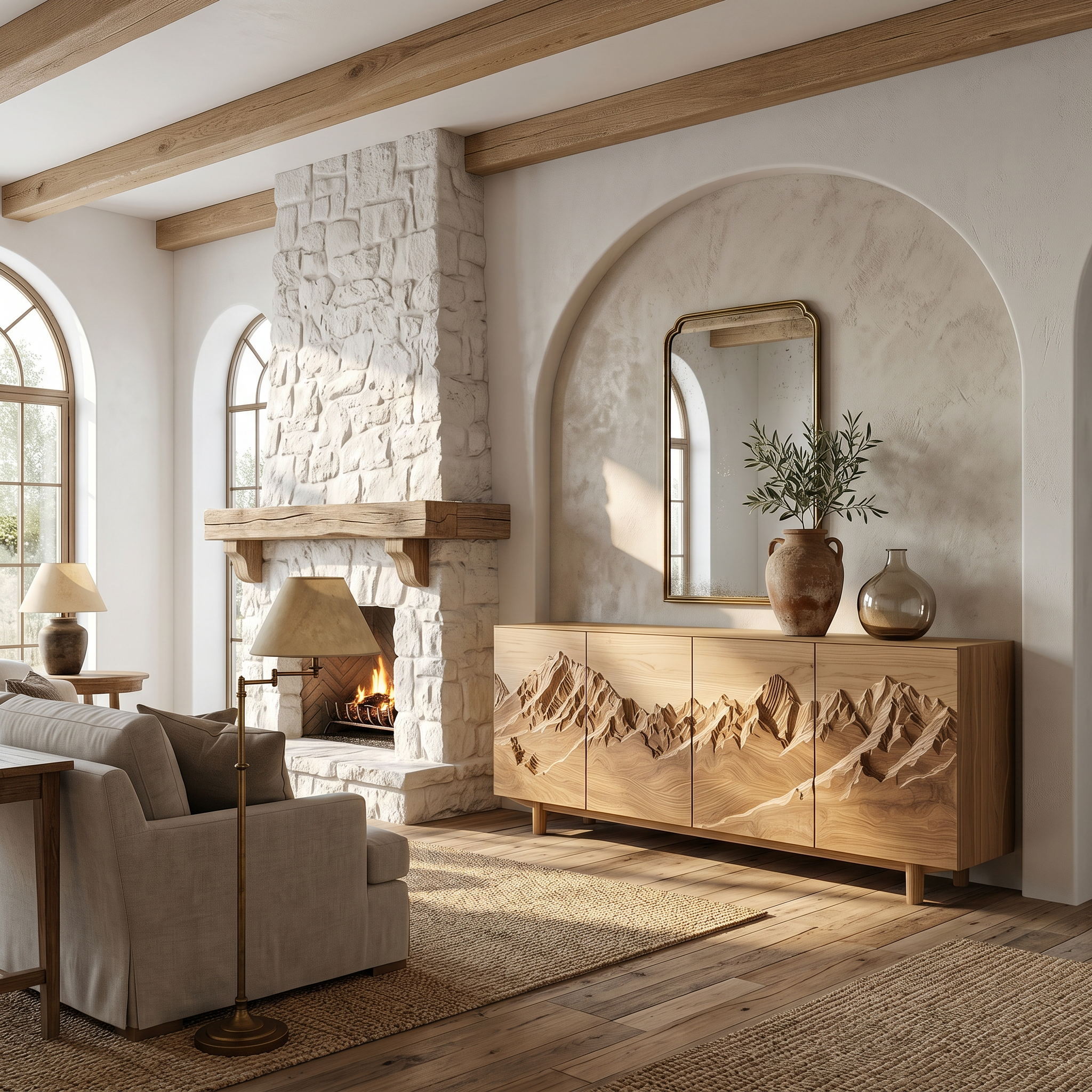 Rustic Mountain Landscape Sideboard With Carved Wood Doors For Living Room And Entryway SINLSASC518