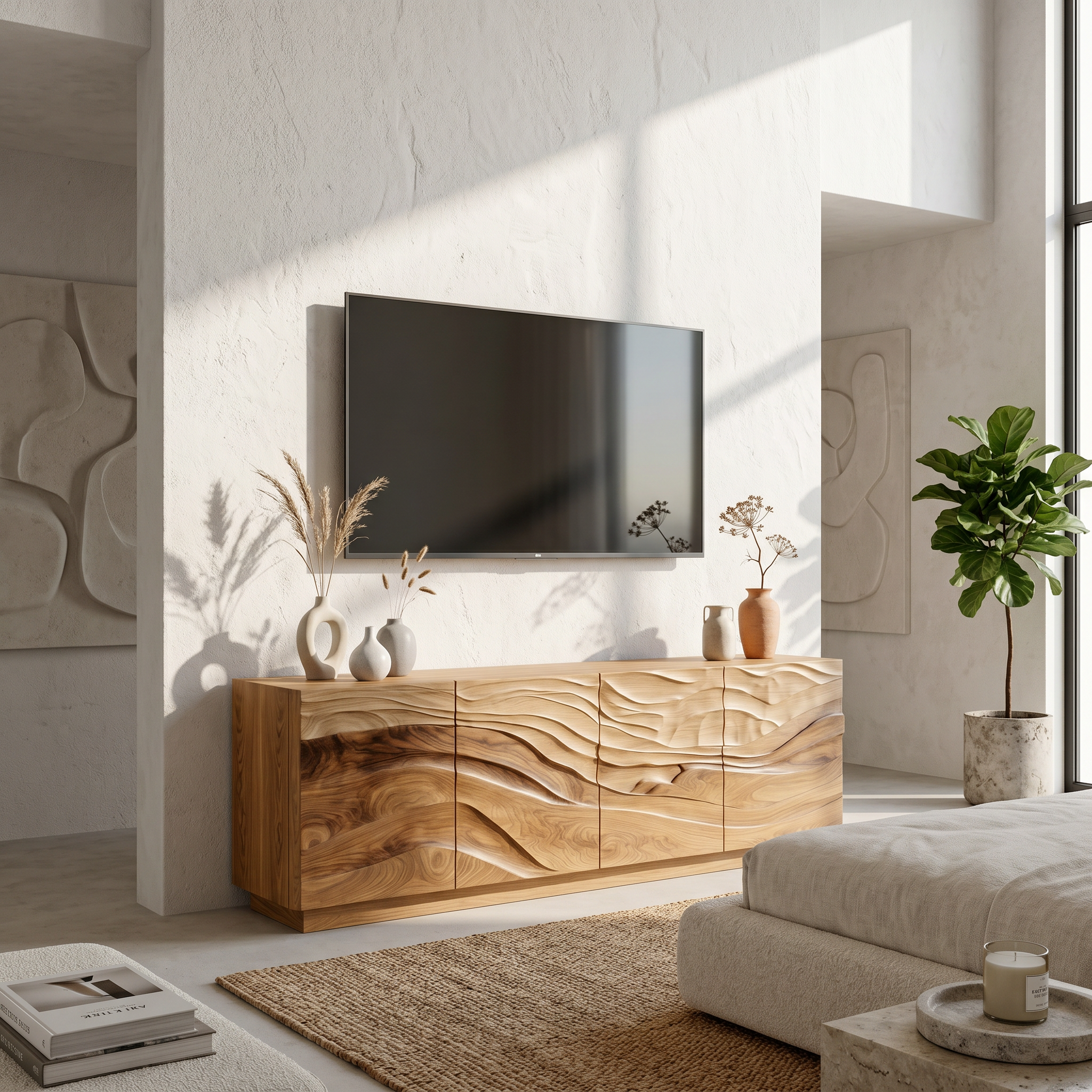 Organic Sideboard With Sculptural Wave Carved Wood Front For Living Room SINLSASC522