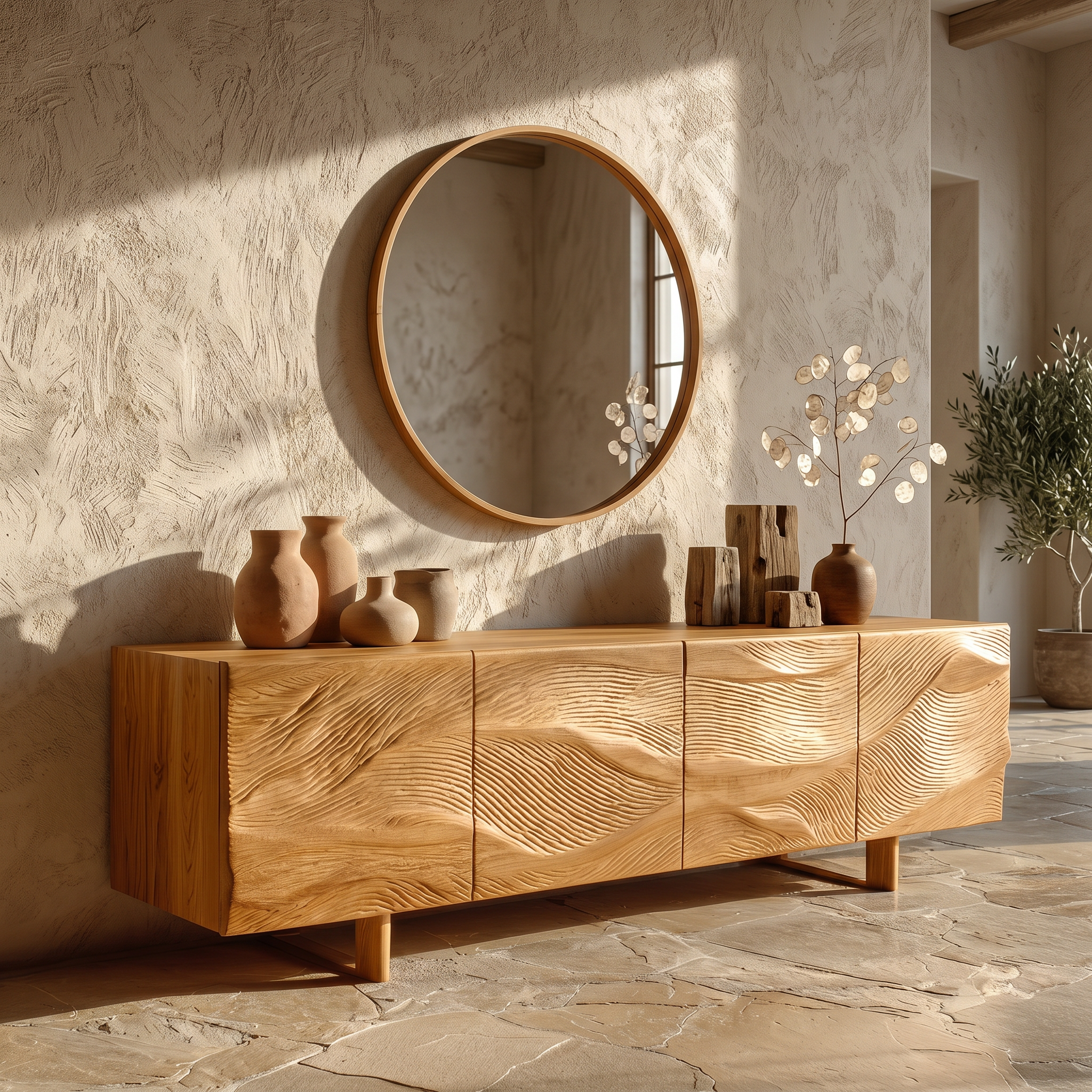 Modern Sideboard With Sunburst Carved Wood Doors For Living Room SINLSASC525