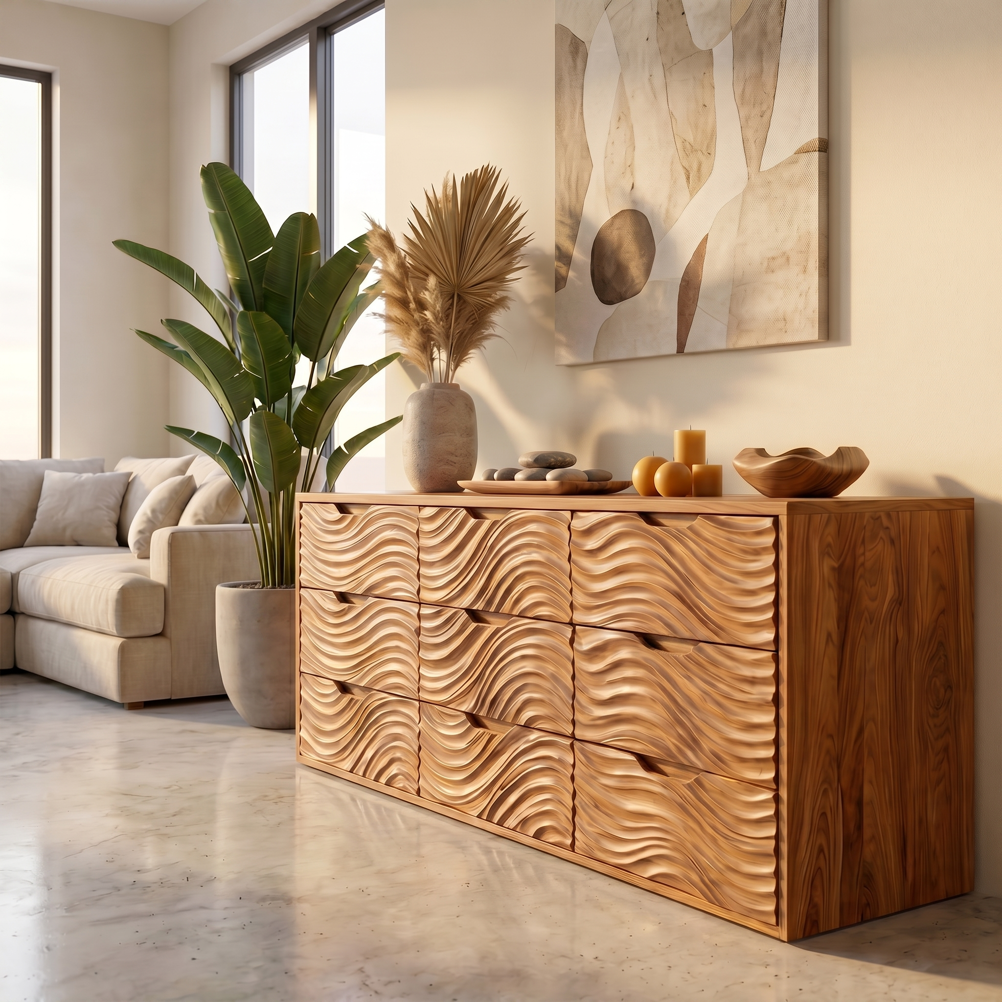 Organic Sideboard With Hand Carved Wave Wood Doors And Solid Wood Storage Cabinet For Living Room SINLSASC531