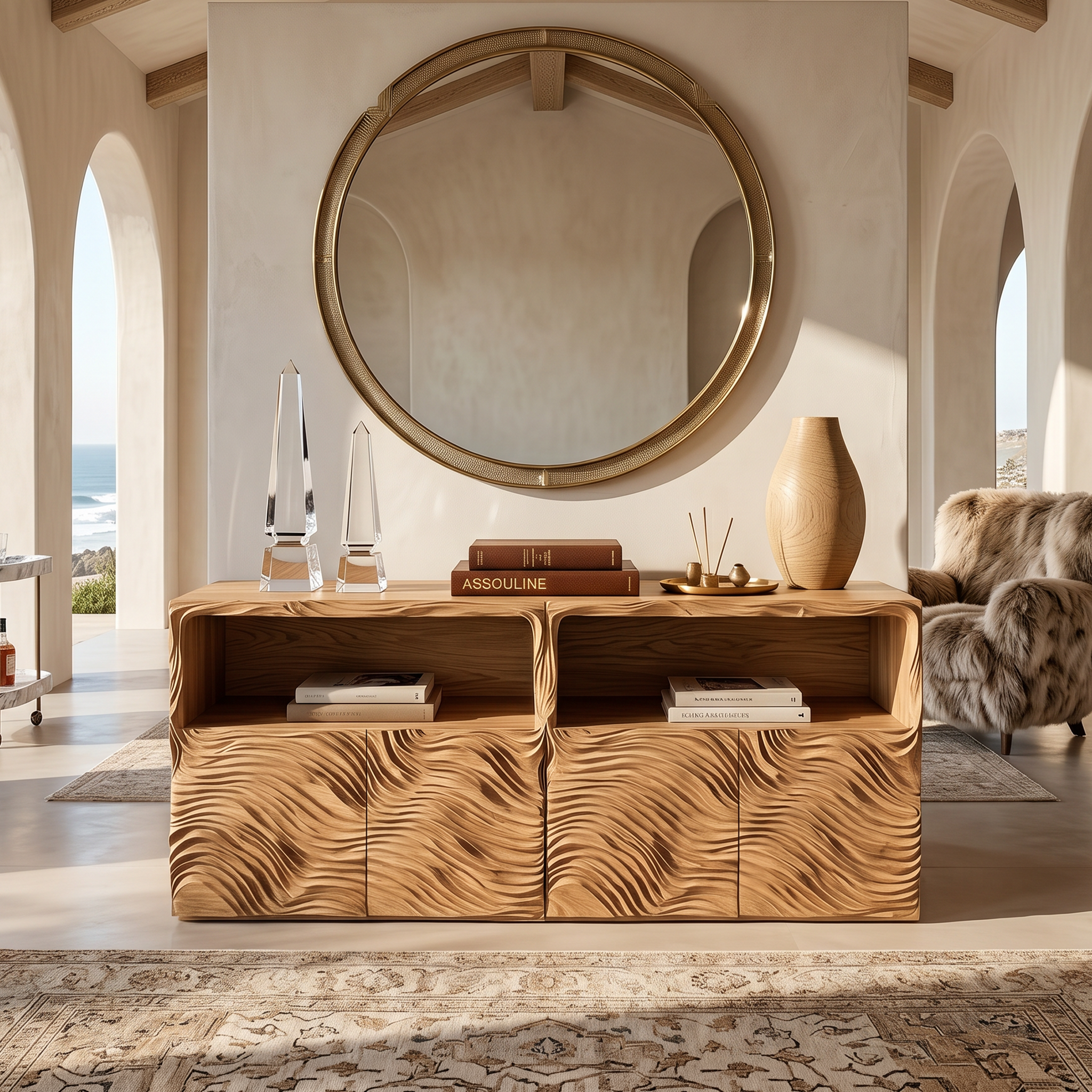 Modern Sideboard With Hand Carved Wave Wood Doors And Open Display Shelves For Living Room SINLSASC532