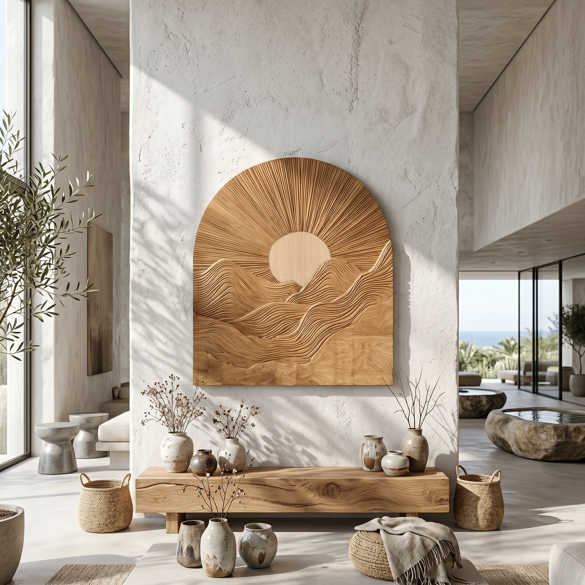 Sunburst Wall Art With Sculptural Round Panel Design For Living Room And Entryway SINLSAWD094