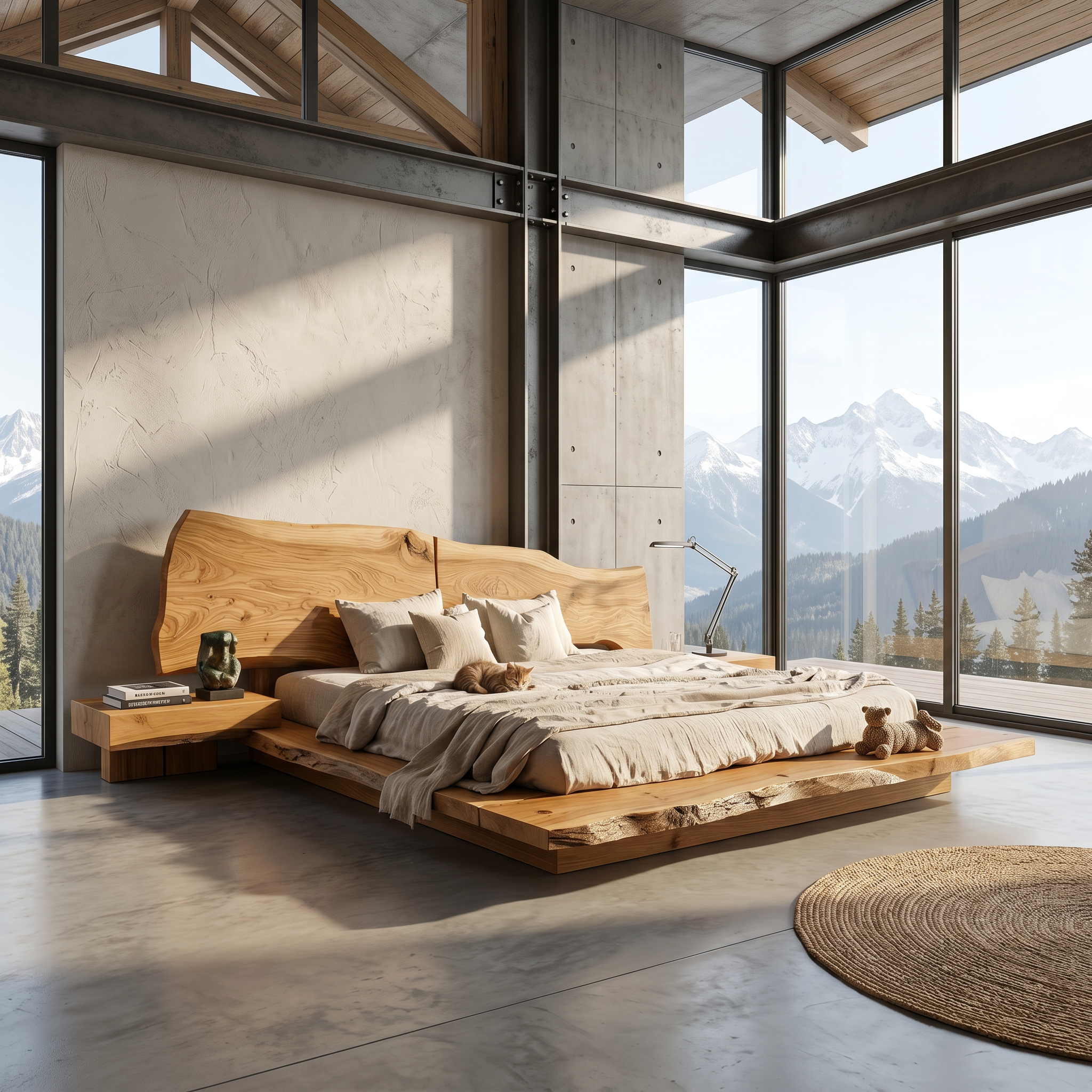 Rustic Bed Frame With Natural Wood Headboard For Bedroom SINLSAWB128