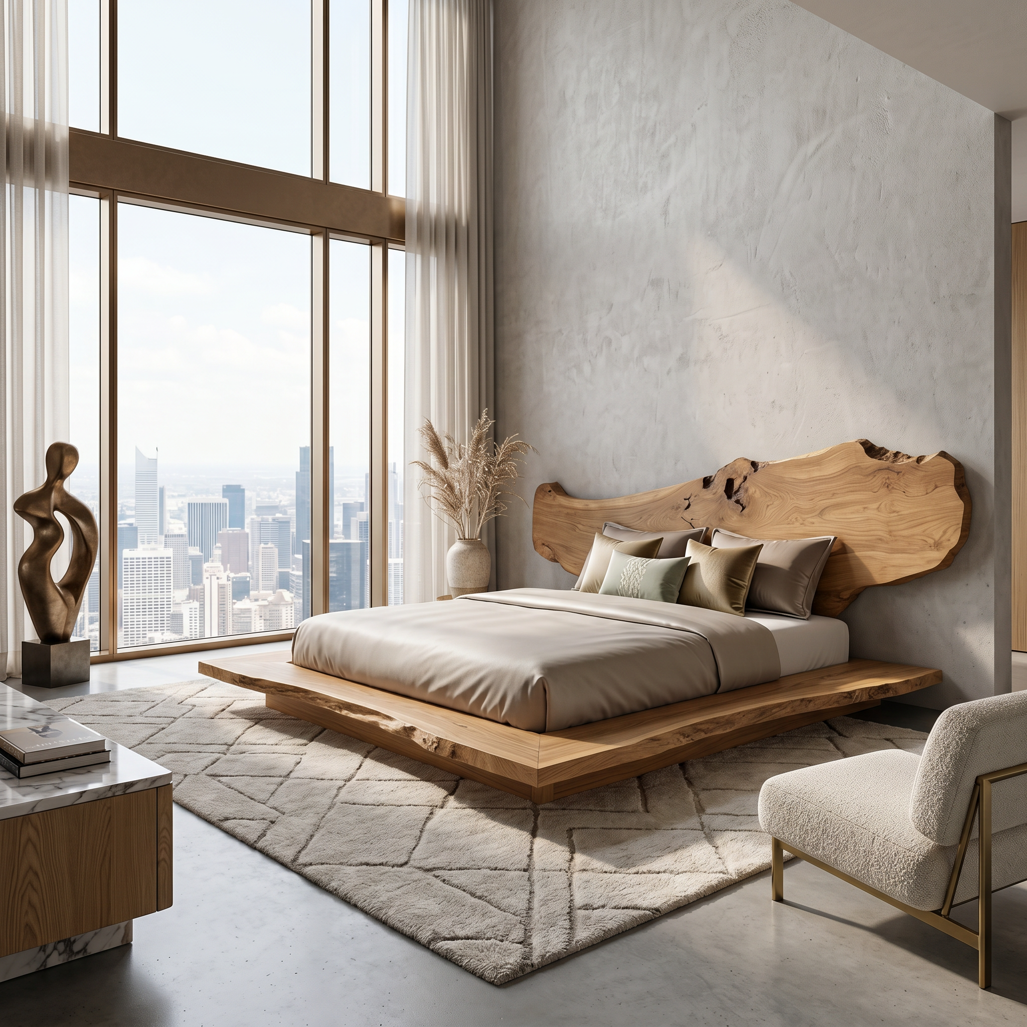 Luxury Organic Bed Frame With Sculptural Solid Wood Headboard And Floating Platform Design For Bedroom SINLSAWB131