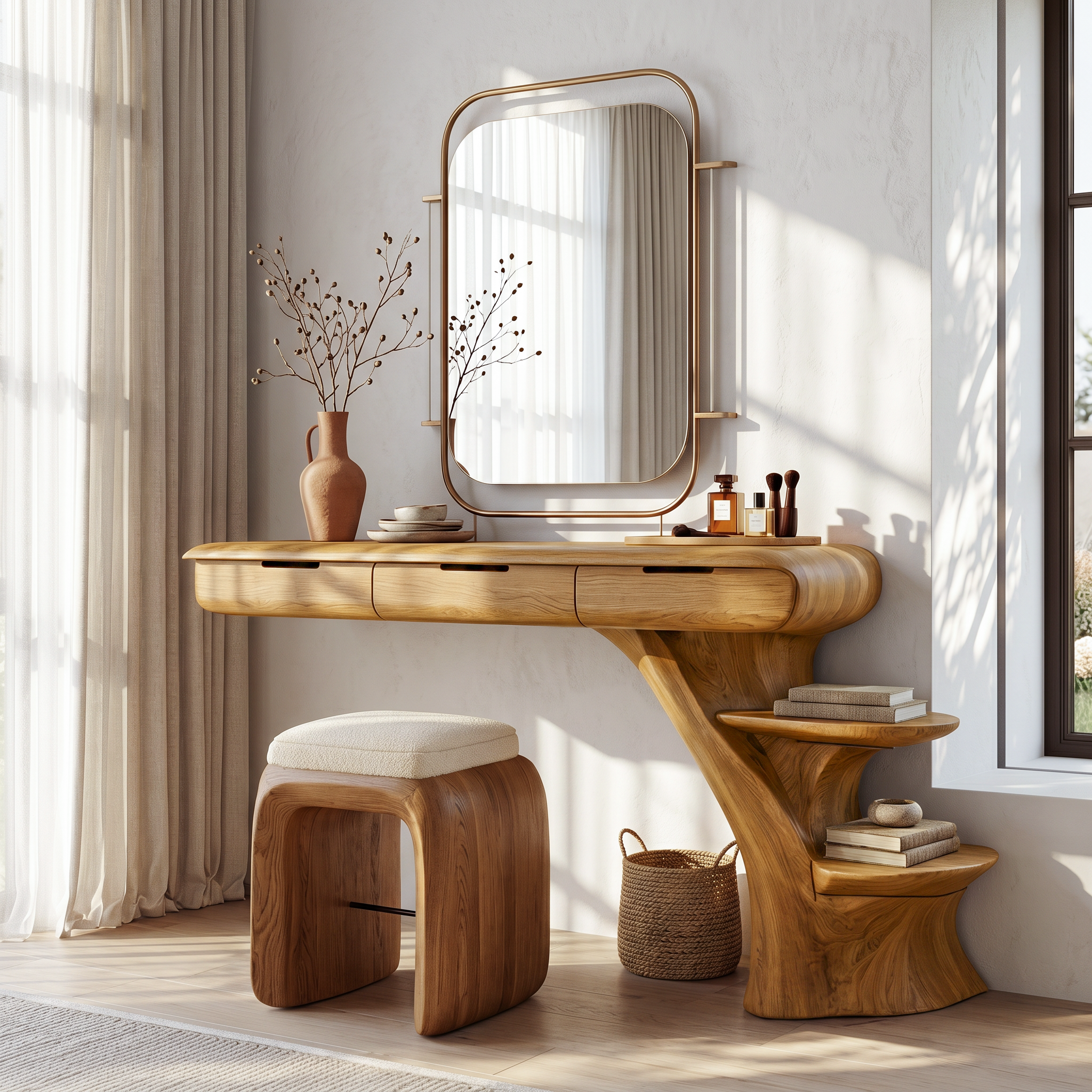 Sculptural Dressing Table With Open Storage Shelves For Bedroom SINLSABDT086