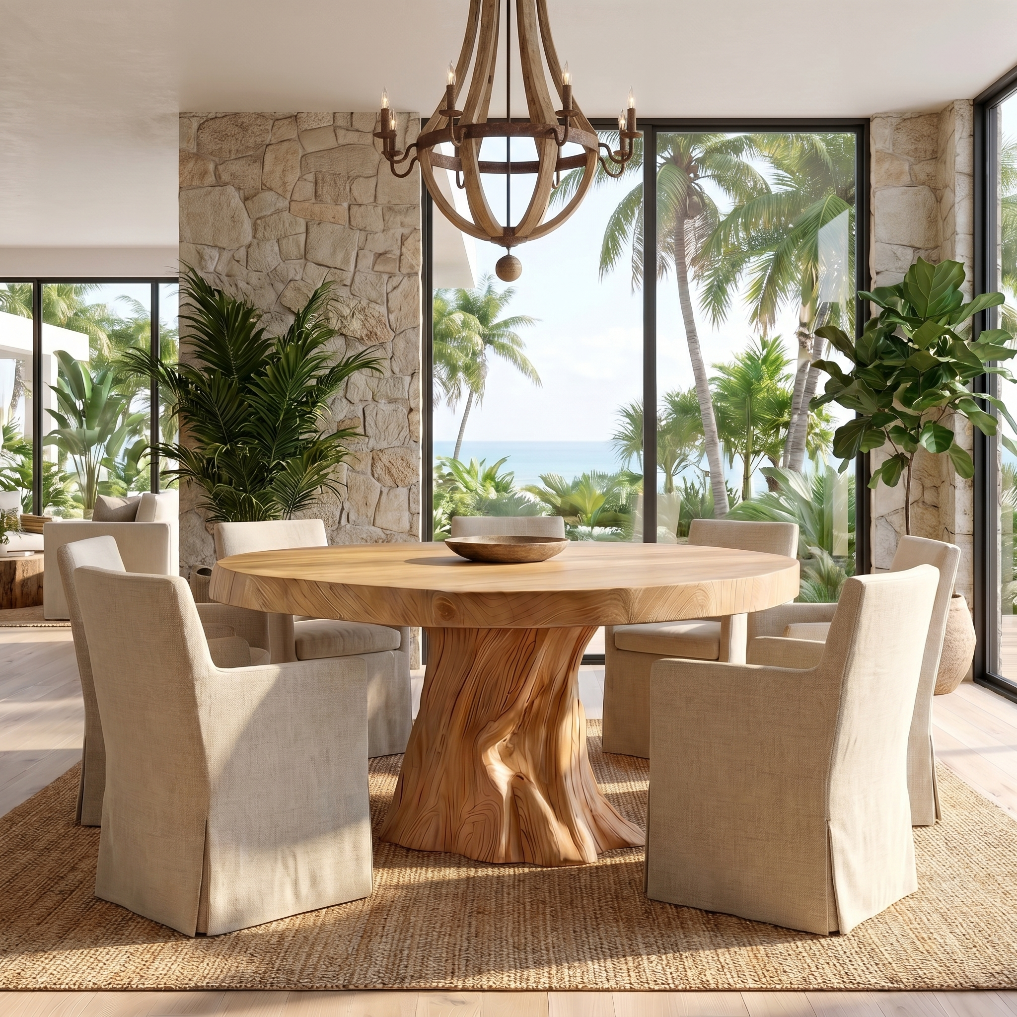 Rustic Modern Round Dining Table With Sculptural Wood Base For Dining Room SINLSADT179