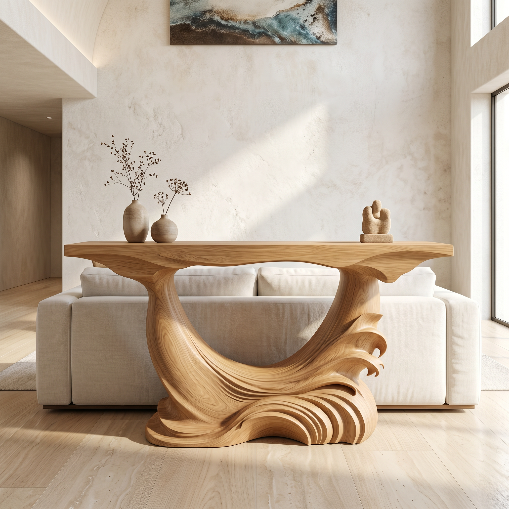 Natural Console Table With Flowing Wood Sculpture For Hallway SINLSACS633