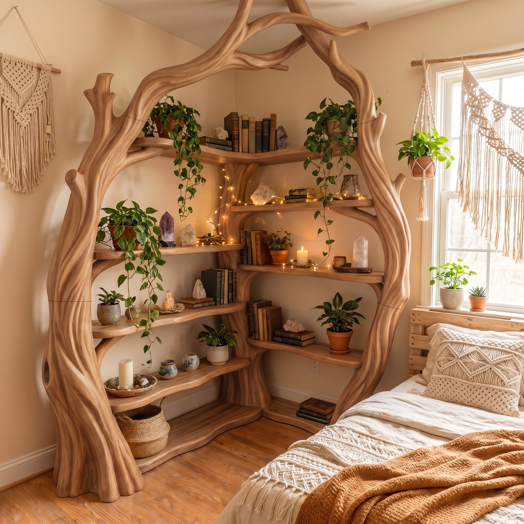 Tree Wall Bookshelf Corner Storage Bookcase Wooden Display Shelf For Living Room Bedroom Decor SINLSATB725