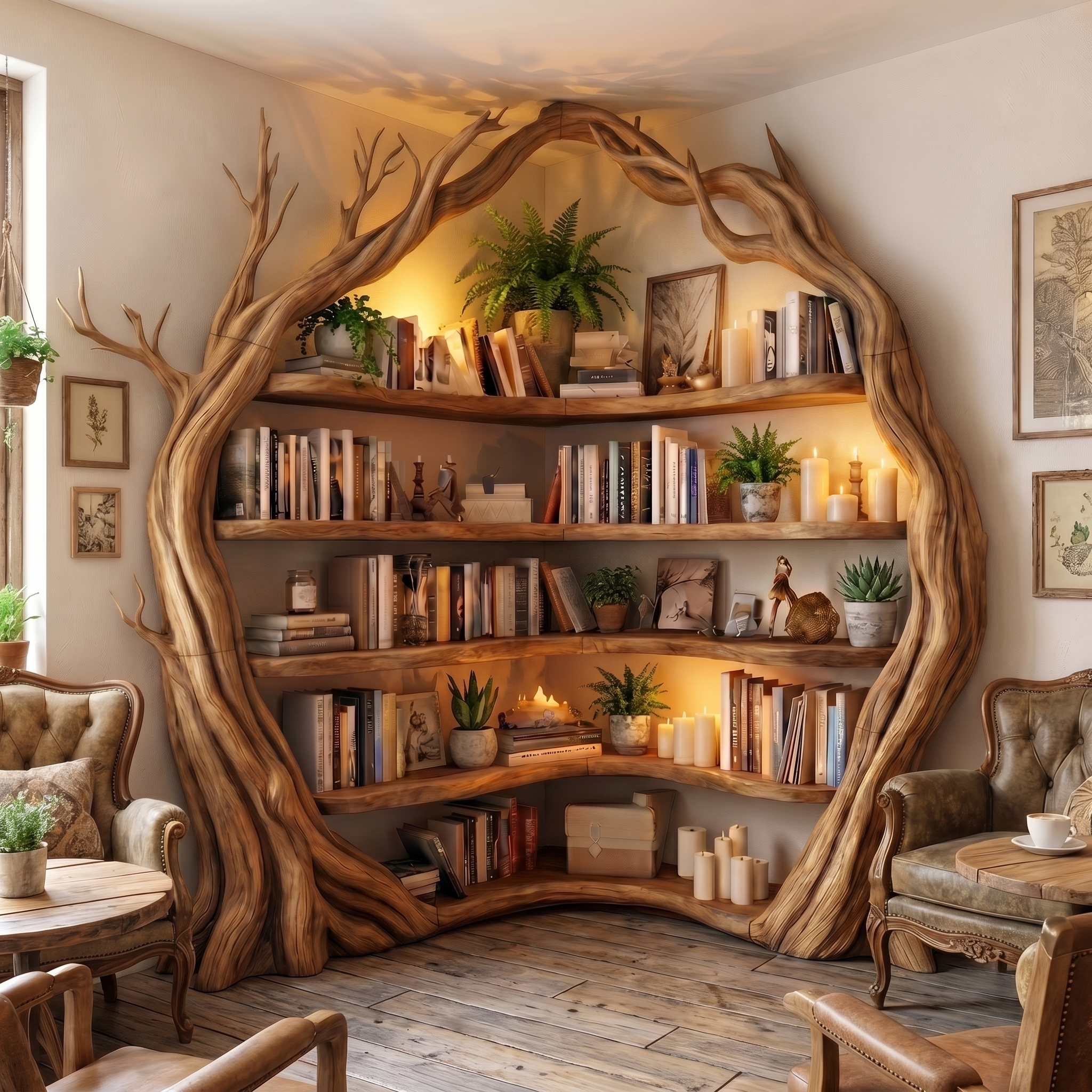 Statement Tree Corner Bookshelf For Living Room And Reading Nook SINLSATB733