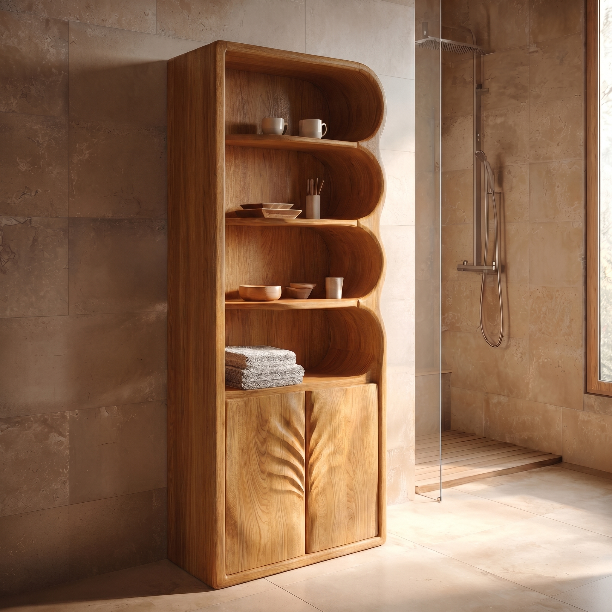 Modern Organic Bathroom Storage Cabinet With Curved Shelves And Carved Wooden Doors For Bathroom SINLSABCT021