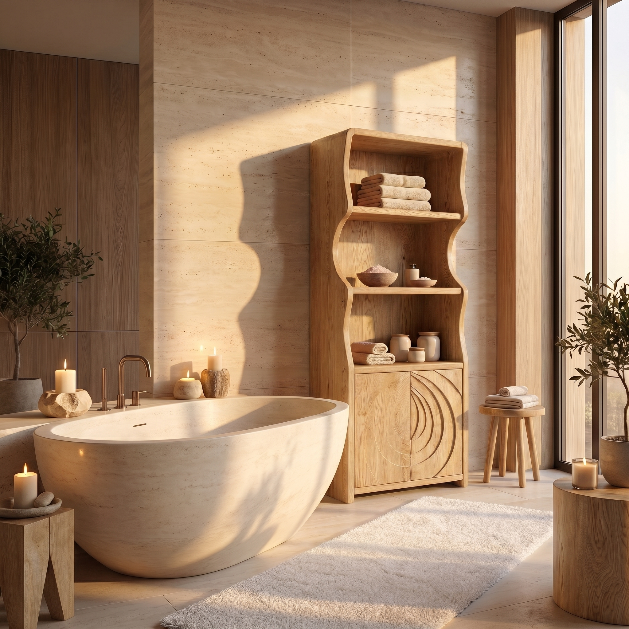 Contemporary Minimal Bathroom Storage Cabinet With Curved Shelves And Wooden Door For Bathroom SINLSABCT023