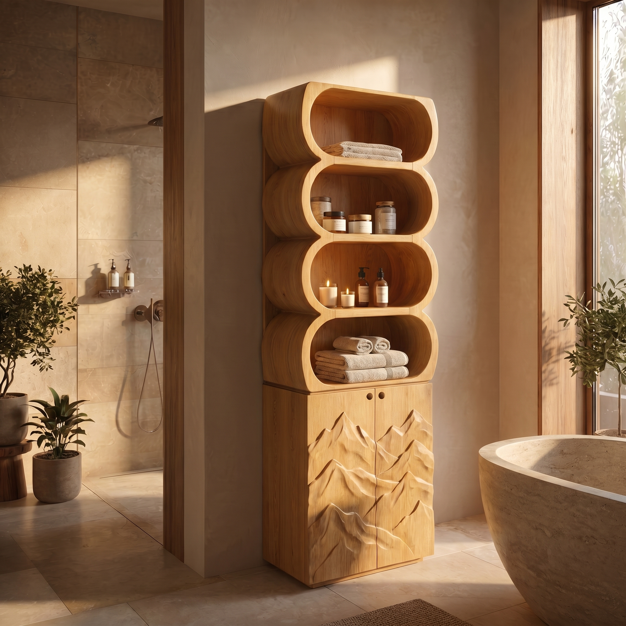 Minimal Bathroom Cabinet With Rounded Shelves And Sculpted Wooden Door SINLSABCT024