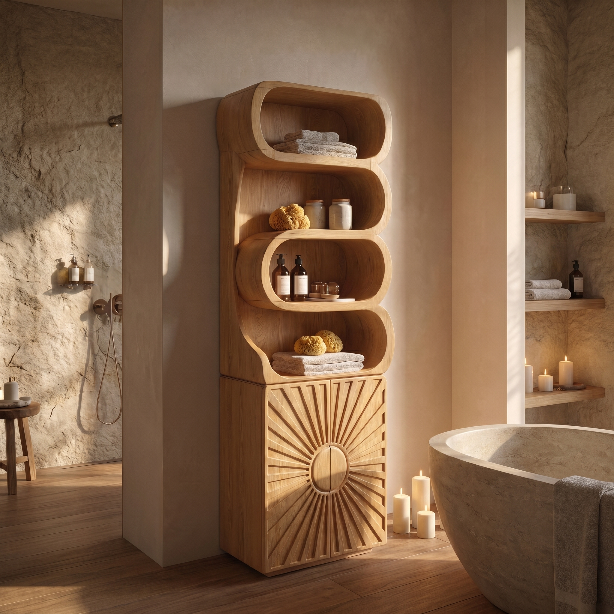 Organic Bathroom Cabinet With Open Shelving And Sculpted Wood Door For Bathroom SINLSABCT025