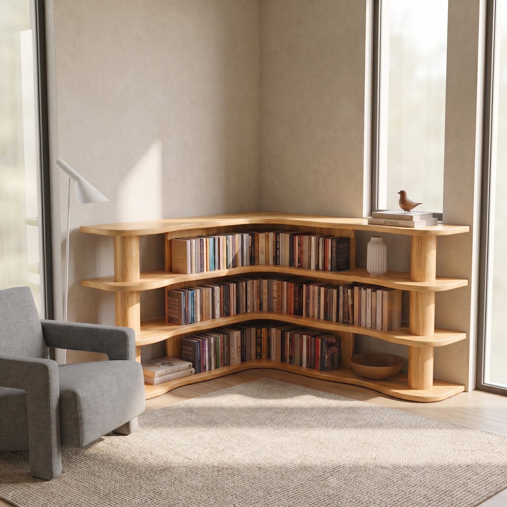 Scandinavian Corner Bookshelf With Rounded Multi Tier Wooden Shelves For Living Room And Bedroom SINLSABS020